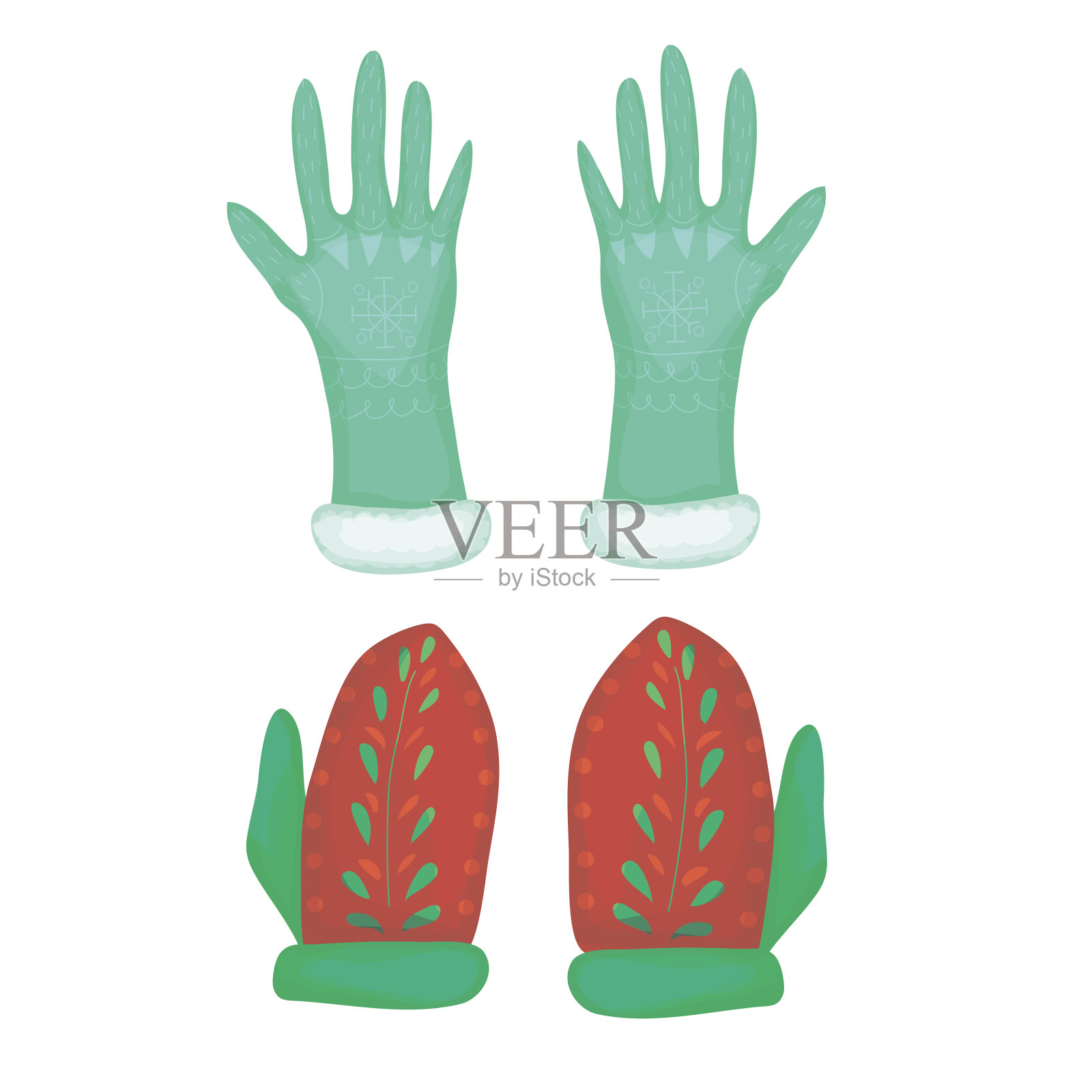 温暖的冬天的衣服。一副连指手套和羊毛手套。插画图片素材