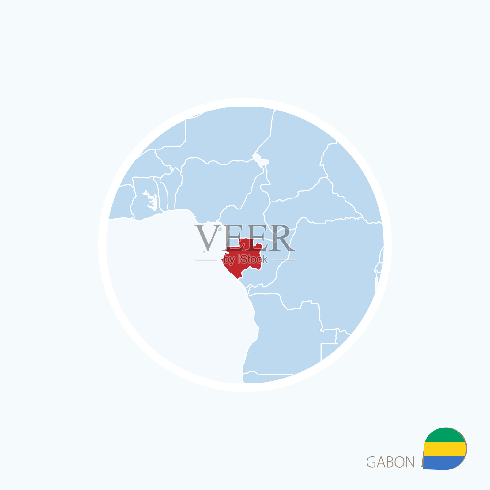 加蓬地图图标。中非的蓝色地图,加蓬用红色标出。插画图片素材