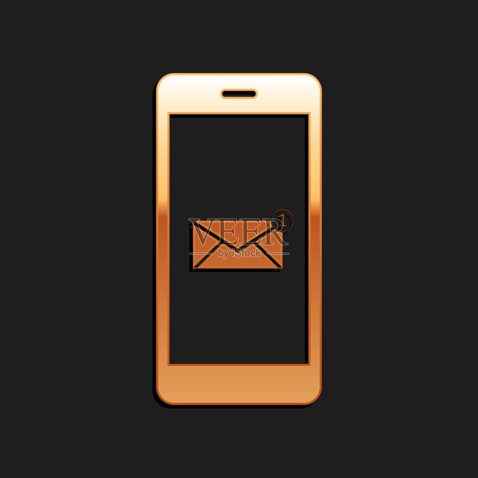 接收消息概念。新邮件通知在智能手机屏幕上孤立的黑色背景图标。手机屏幕上有新消息。长长的阴影风格。向量插画图片素材