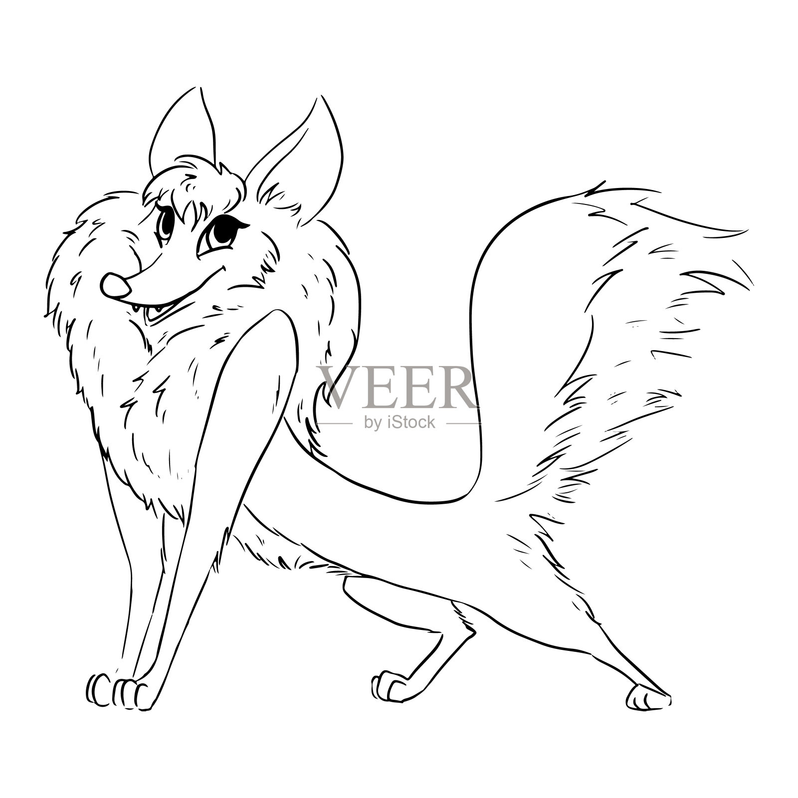 可爱的狡猾的机智的狐狸线艺术卡通插图。犬在轮廓风格形象。漫画风格的野生动物设计元素图片