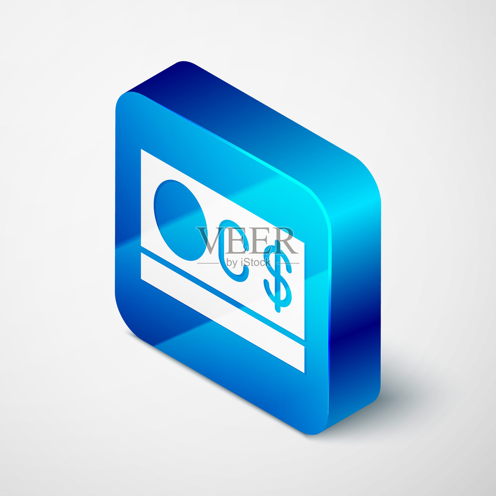 等距的加拿大元货币符号图标孤立在灰色背景。蓝色方块按钮。向量图标素材