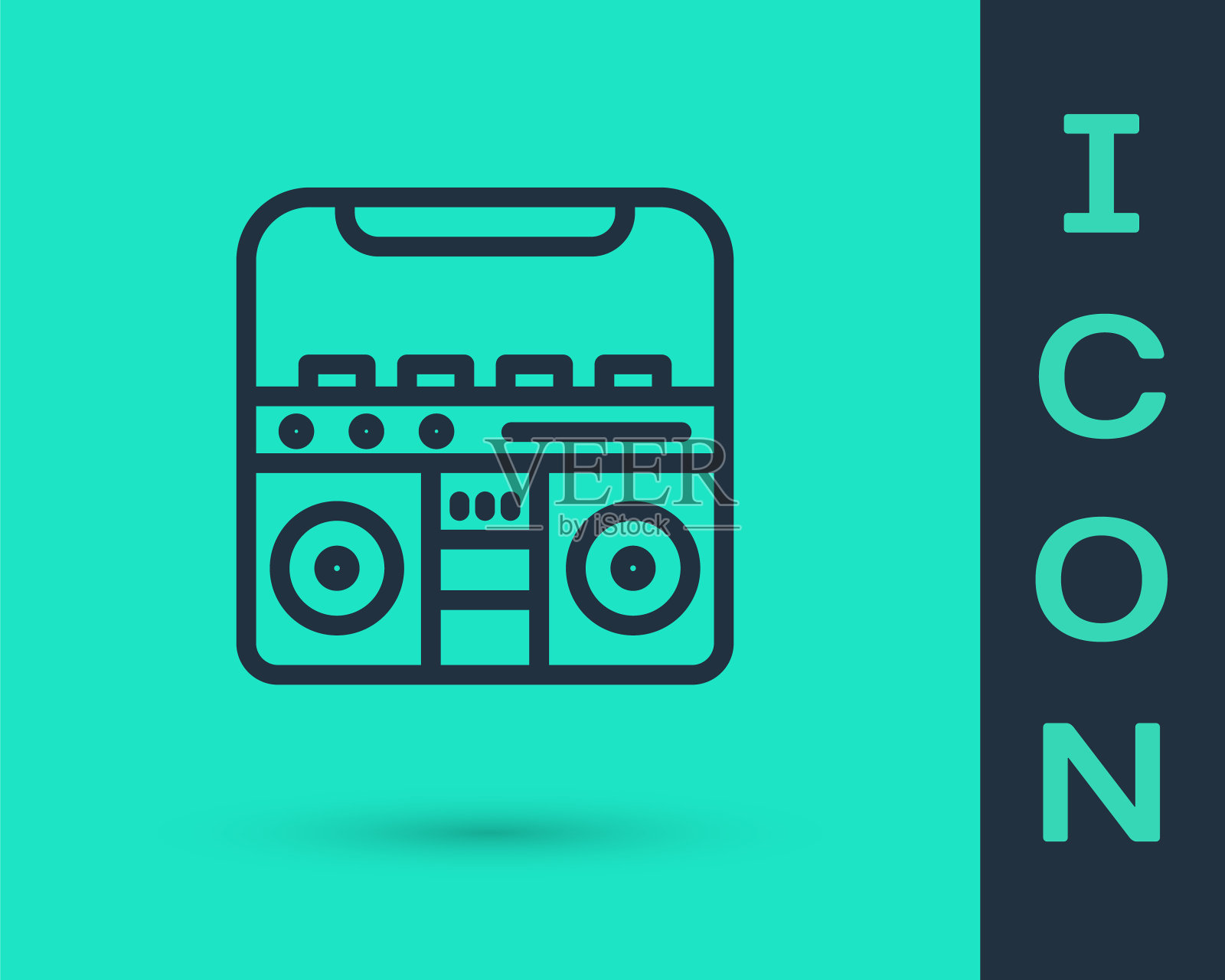 黑线家庭立体声与两个扬声器图标隔离在绿色背景。音乐系统。向量图标素材