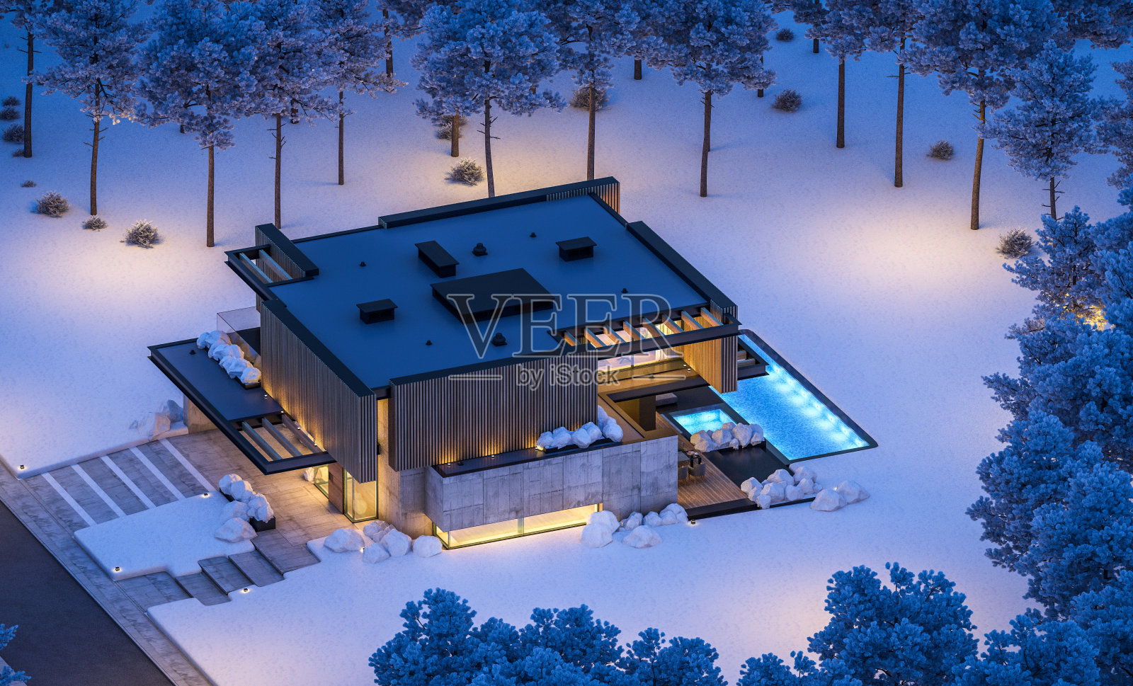 冬季夜晚,带木板外墙的现代住宅的3D渲染照片摄影图片