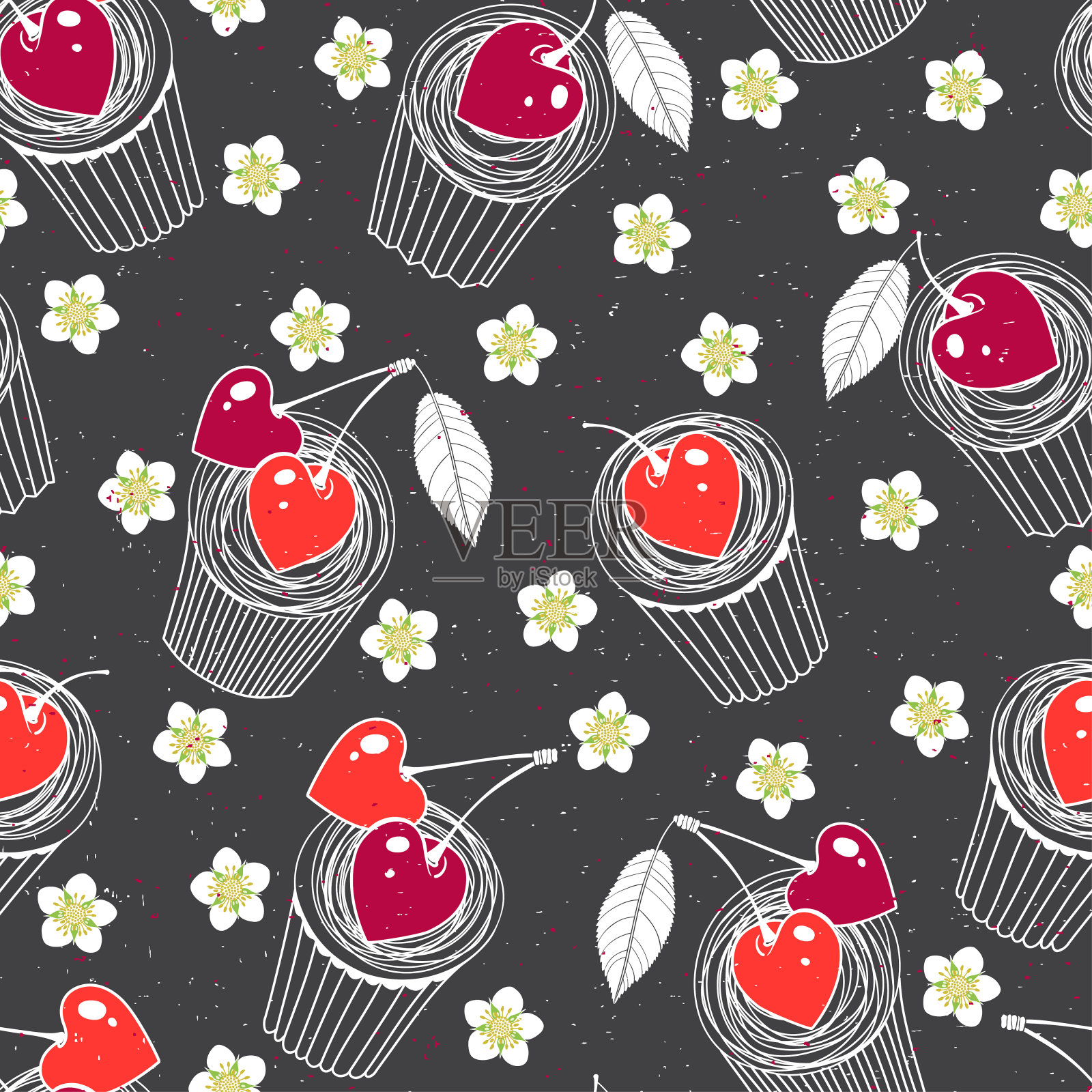 松饼,花和心形的浆果。无缝模式上的黑色。向量。食品的背景。插画图片素材