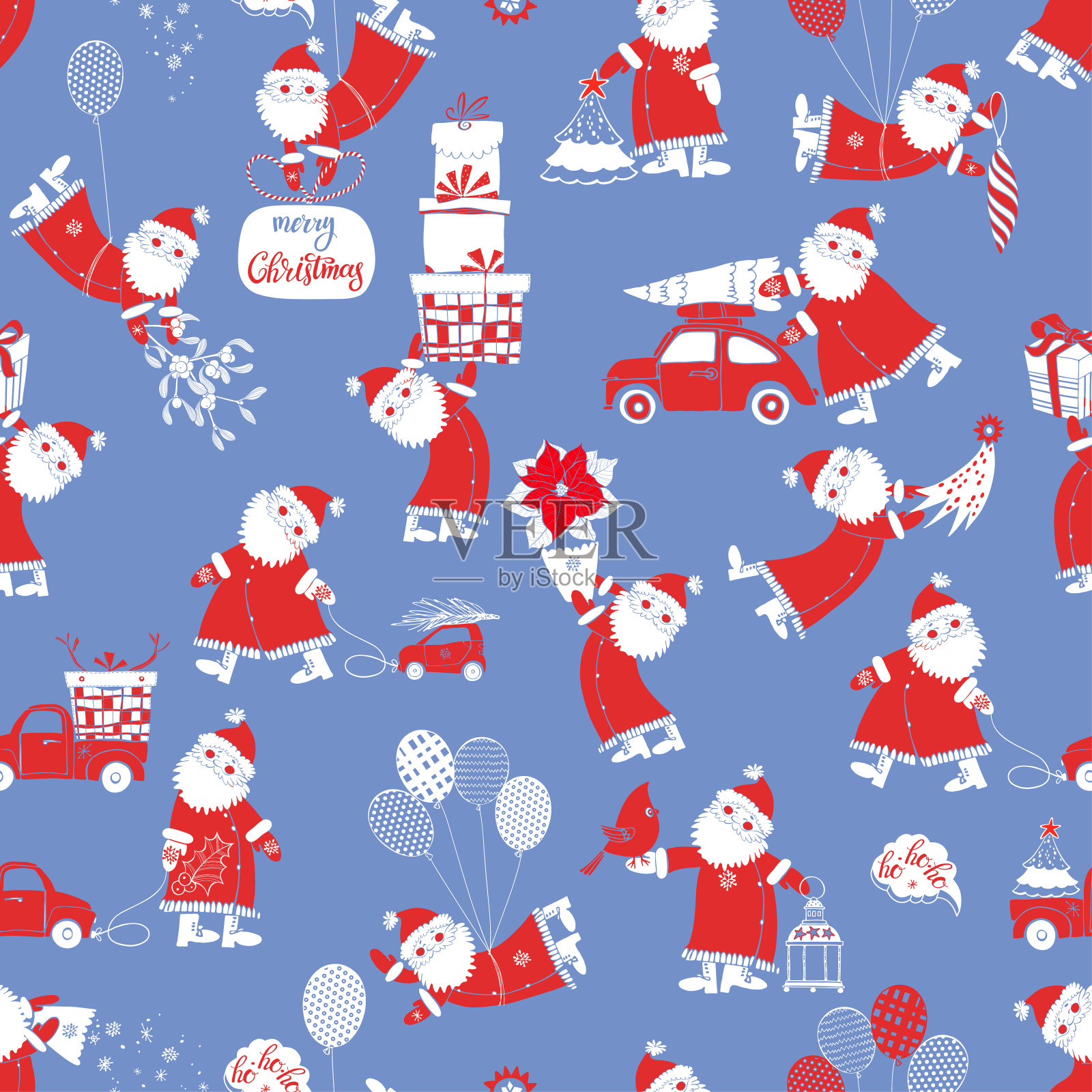 可爱的圣诞老人。圣诞节的背景。蓝色卡通无缝图案。完美的封面设计模板,墙纸,包装和纺织品。插画图片素材
