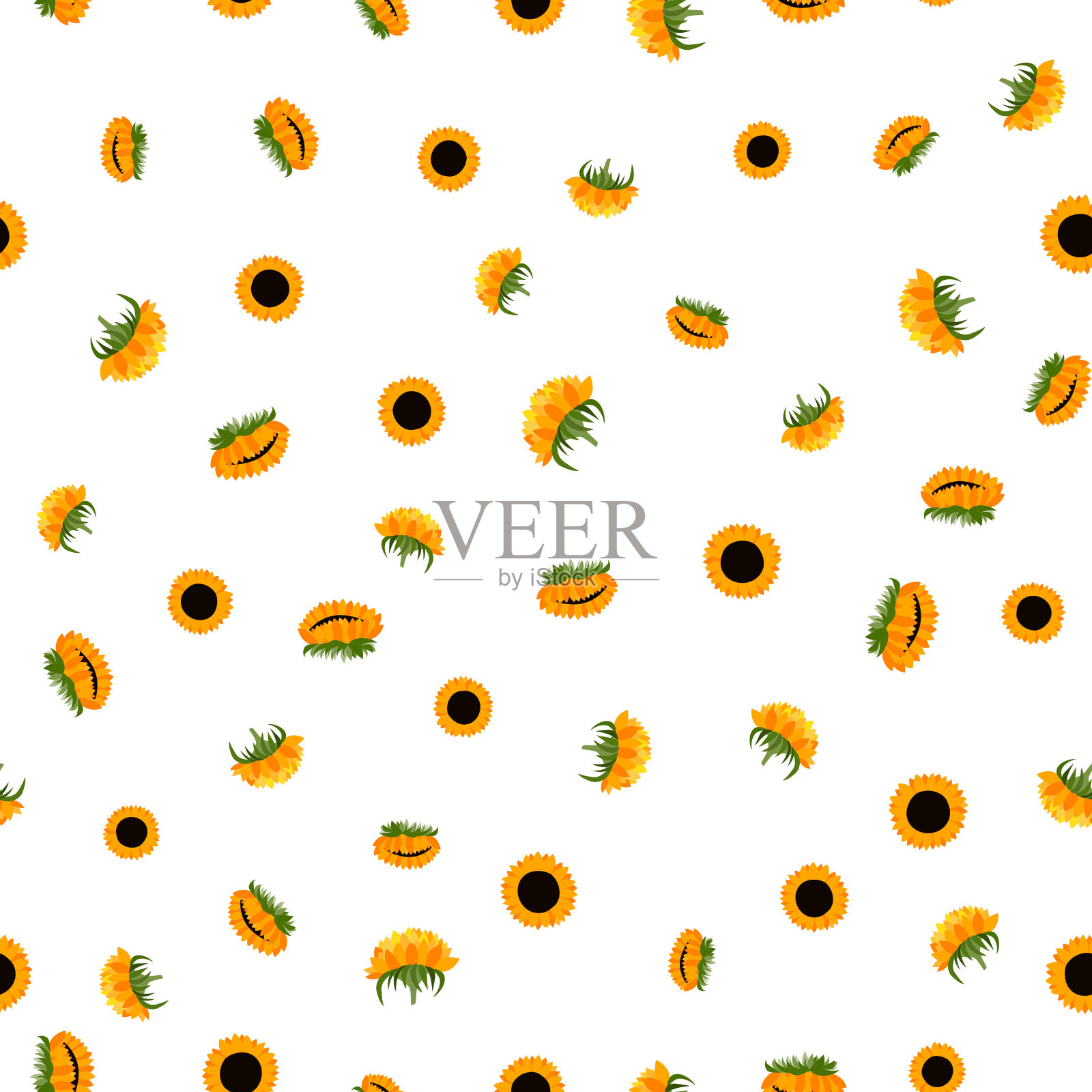 夏季彩色无缝图案与橙色向日葵在白色的背景。卡通风格。设计织物,纺织品,海报,卡片,纸张。花和叶子。矢量插图。设计元素图片