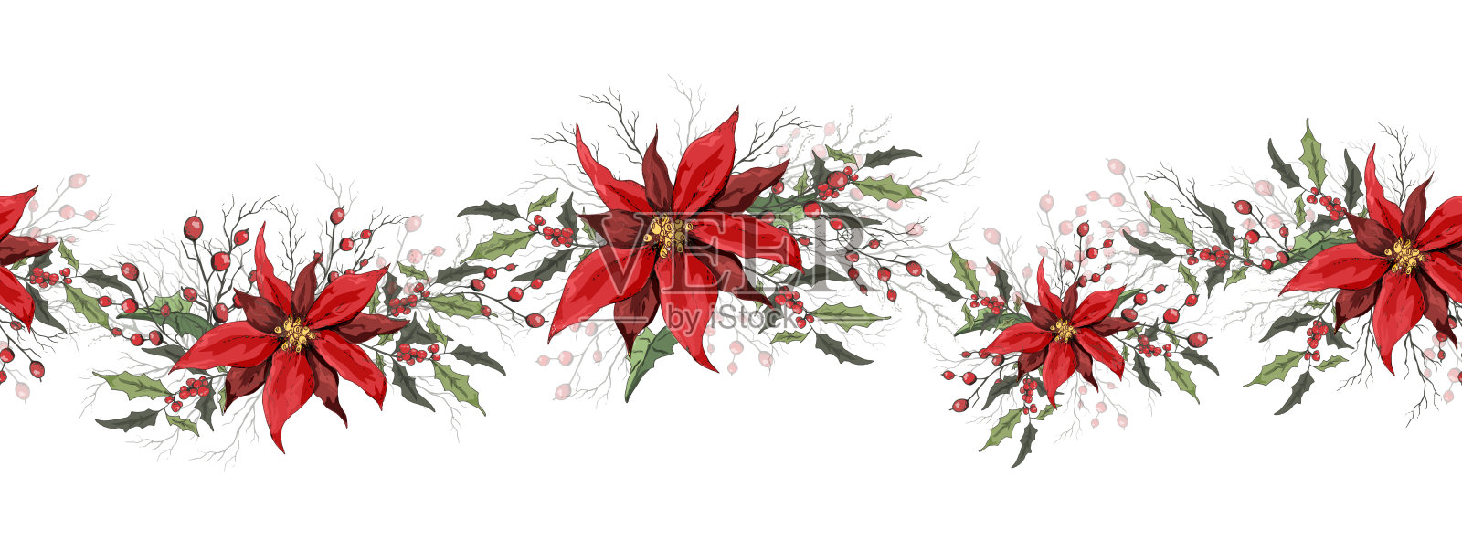 无缝花框架,镶边。一品红、冬青做成的逼真的节日花。现代写实主义风格的手绘冬花。矢量装饰打印,你的想法。插画图片素材