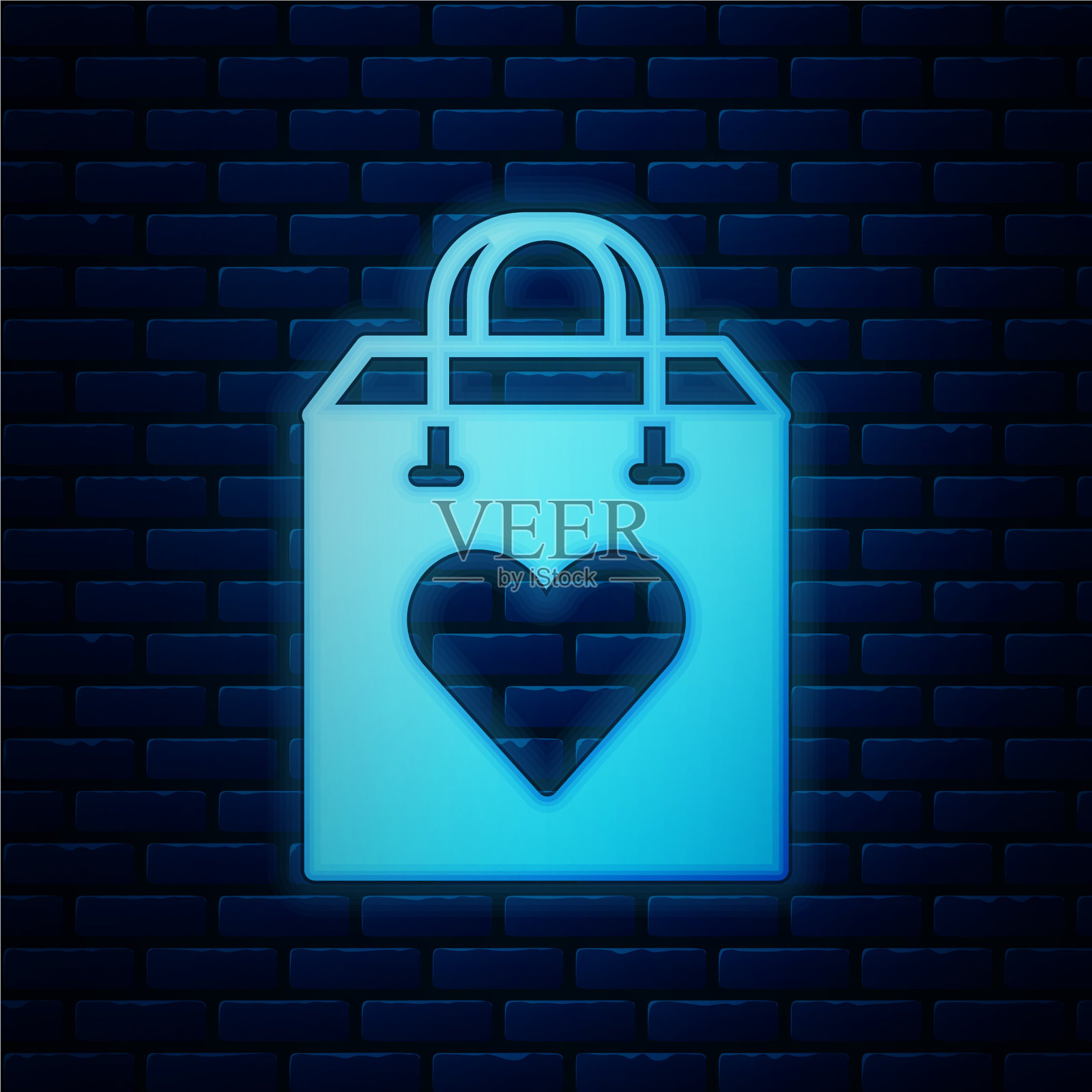 发光的霓虹购物袋与心脏图标孤立插画图片素材