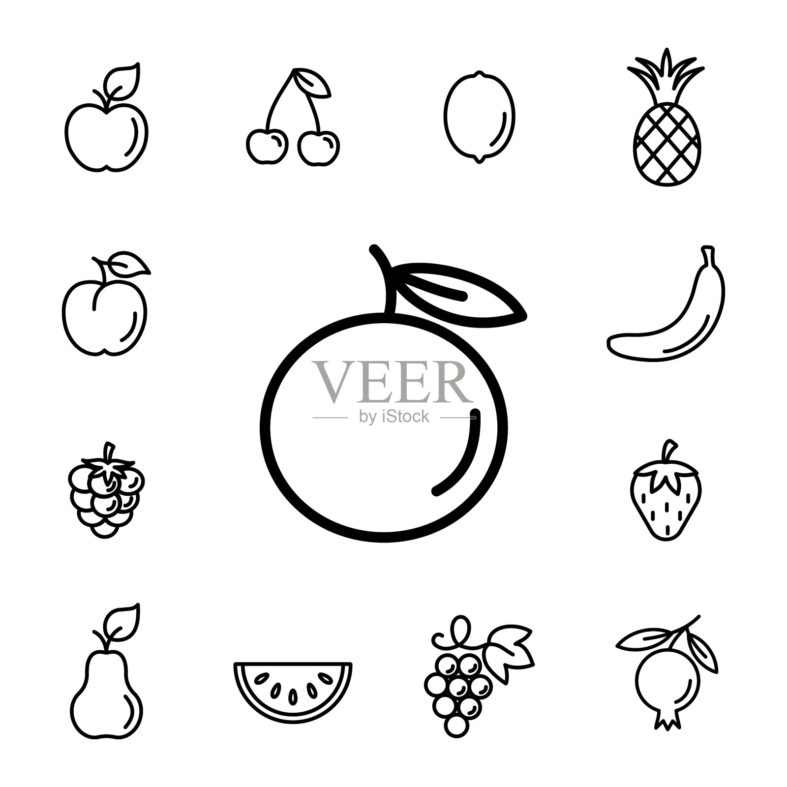 橙色水果与叶线图标黑色在白色图标素材