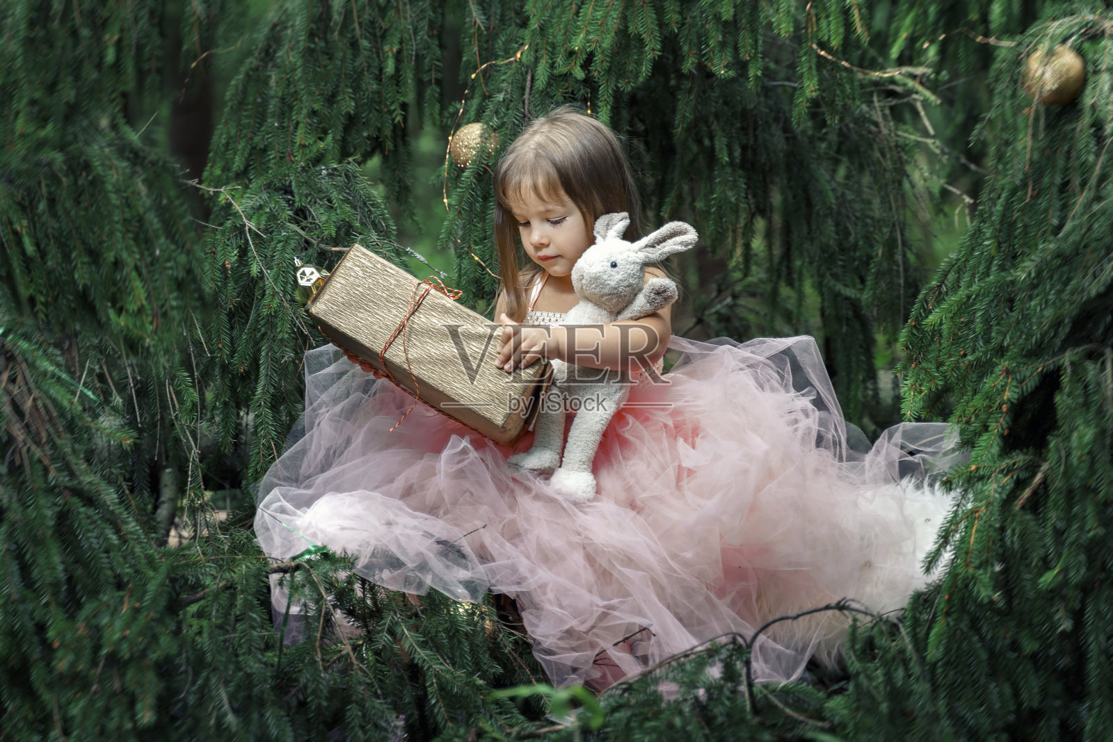 可爱的小女孩拿着一个礼物盒和一个毛绒兔子装饰圣诞节照片摄影图片