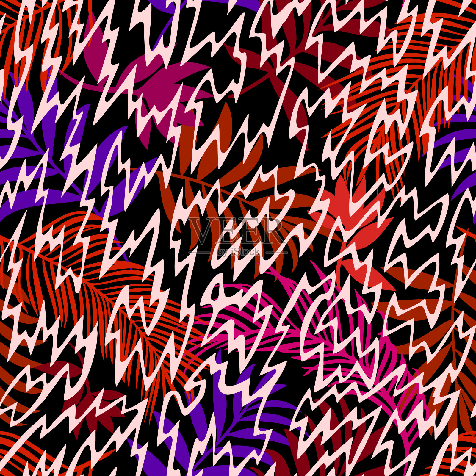 植物无缝图案与之字形纹交织纹理。手绘异国情调的小枝、小枝和树叶。花卉背景制成的草本树叶为时尚,纺织,织物。插画图片素材