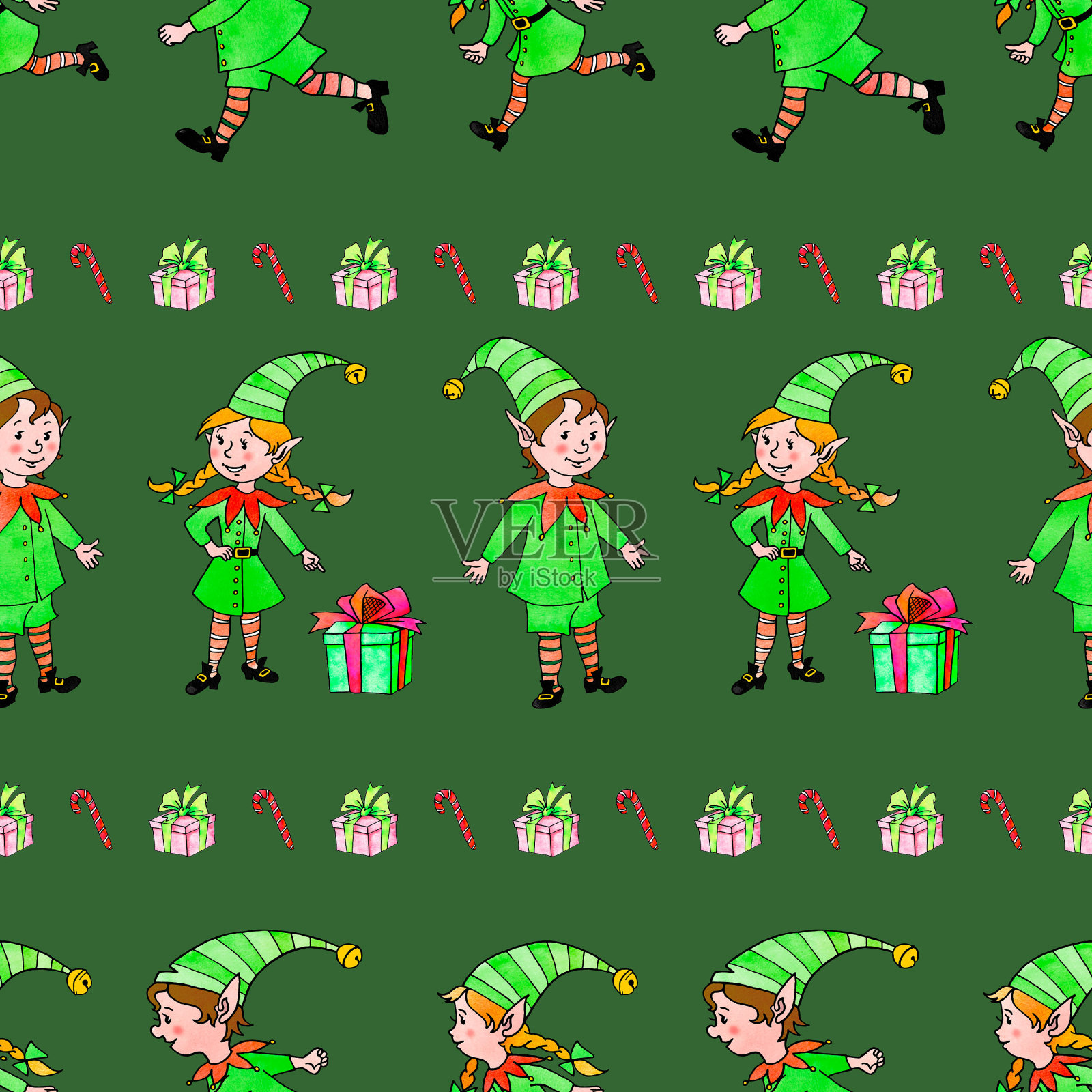 无缝图案用一排圣诞小精灵。圣诞节和新年的背景和纹理。边框,末端用于贺卡,包装纸,包装,织物,印刷品,边缘装饰插画图片素材