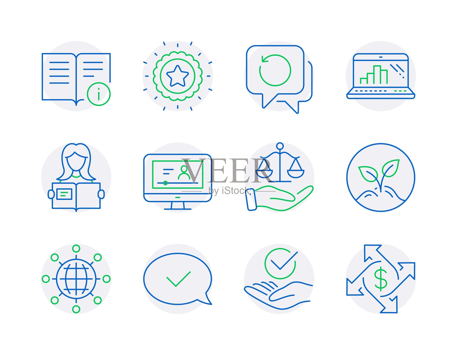 教育的图标集。包括图标作为女人阅读,图形笔记本电脑,正义秤标志。向量图标素材