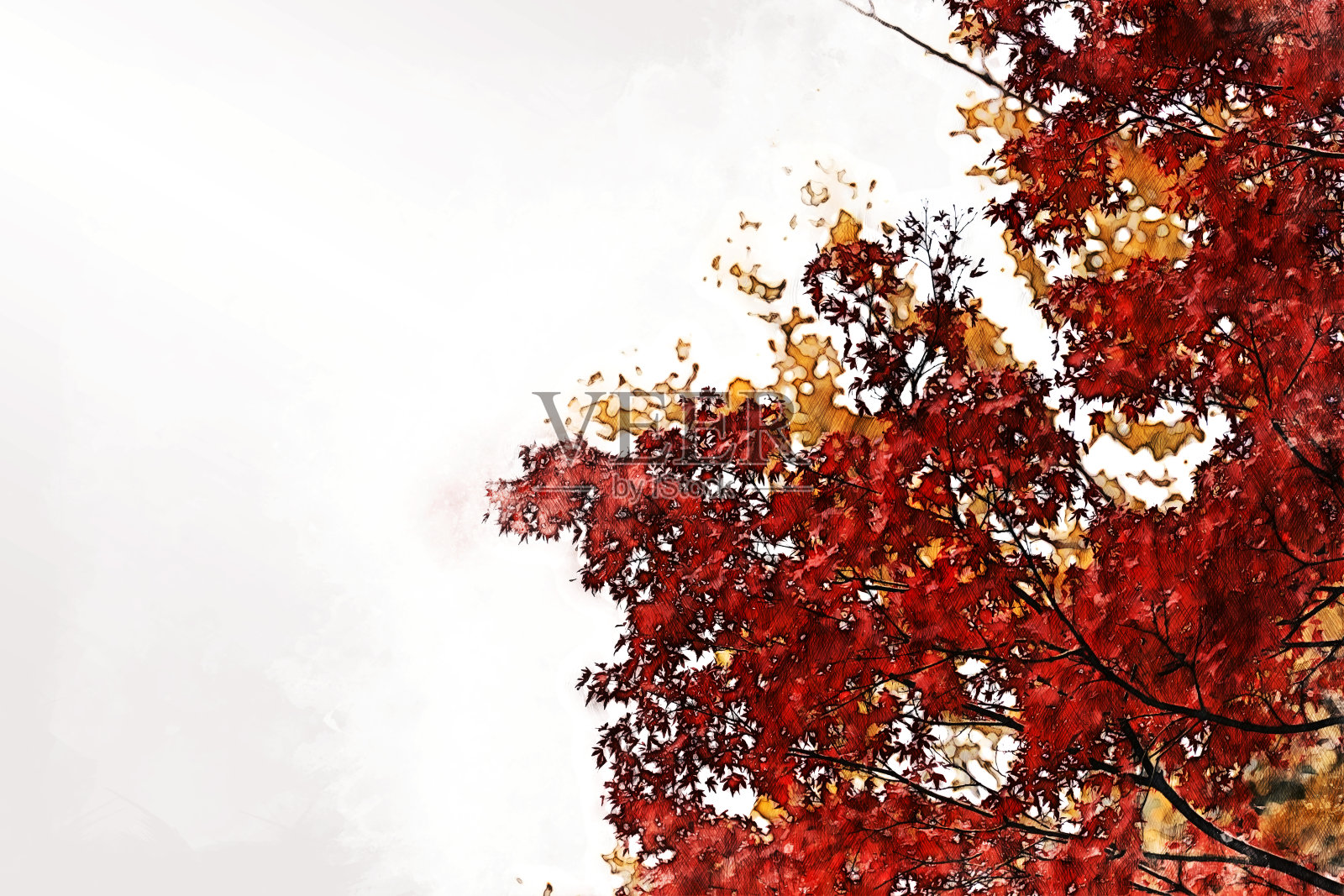 以城市中抽象的彩色树木和建筑为背景的水彩插画。插画图片素材