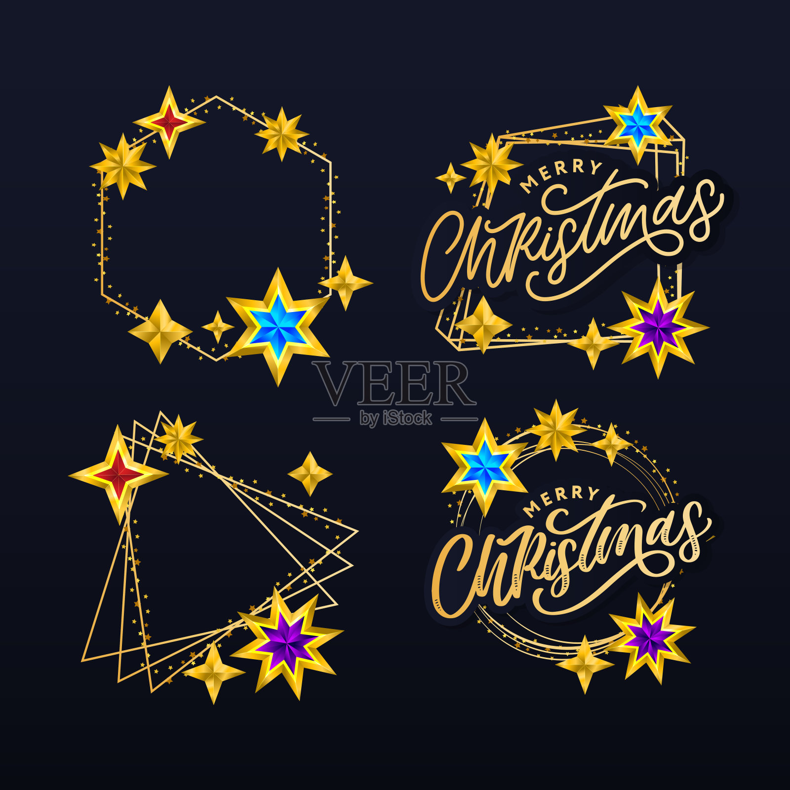 圣诞贺卡与手绘字母和星星在黑暗的背景。可爱的节日金色框架背景插画图片素材