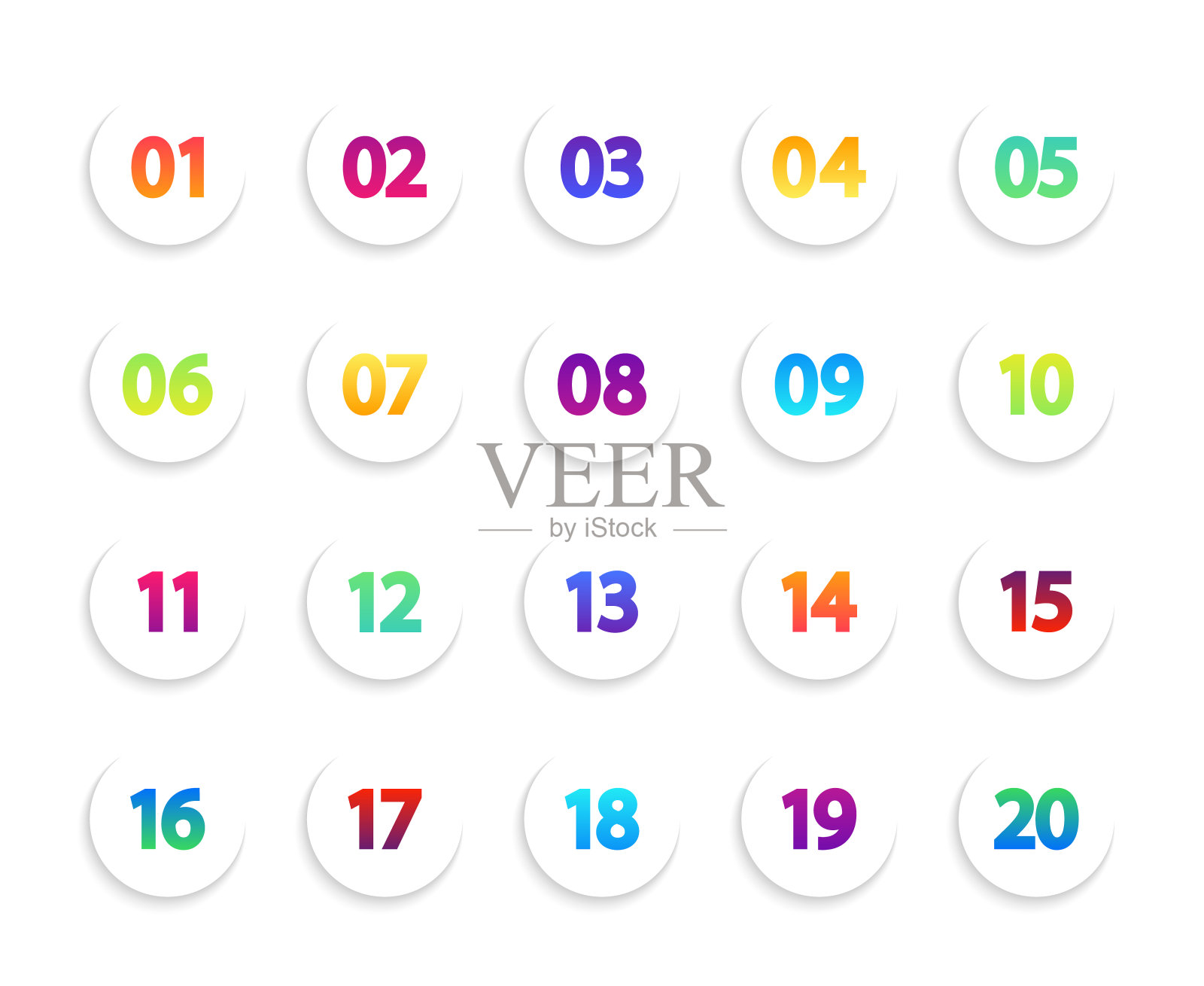 子弹图标。白色圆圈内的数字。圆形梯度点的信息图。从1到20的创意按钮列表。一组现代循环指针。颜色标记的传单,标签,界面。向量。插画图片素材