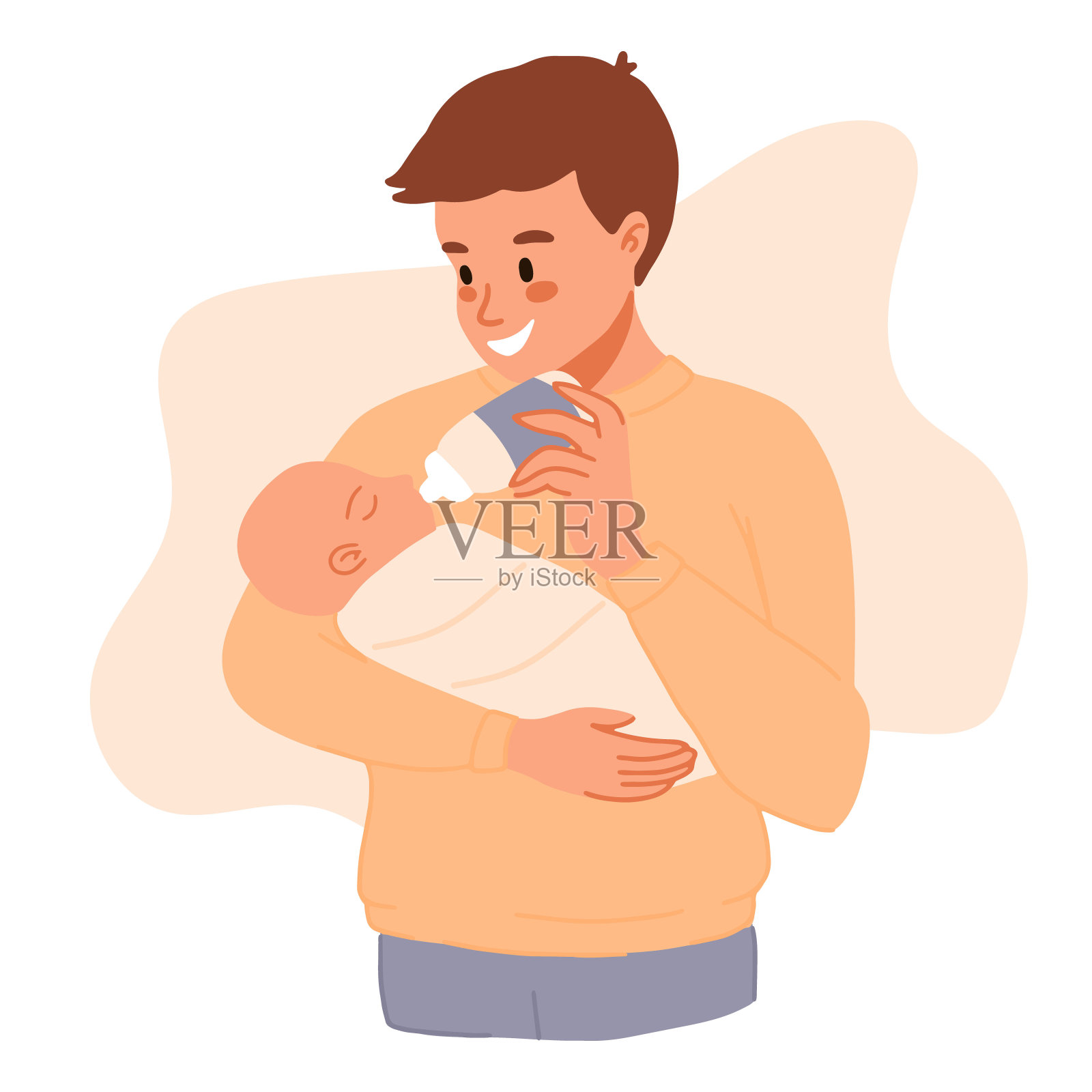 父亲正在喂养刚出生的儿子。婴儿喂养的位置。男人用奶瓶喂婴儿。父亲节横幅,剪贴画。平面卡通矢量插图。快乐的现代父亲,为人父母插画图片素材