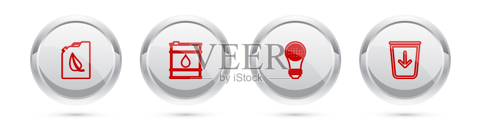 设置生物燃料罐,油桶,灯泡与世界地球仪和发送到垃圾。银圈按钮。向量插画图片素材