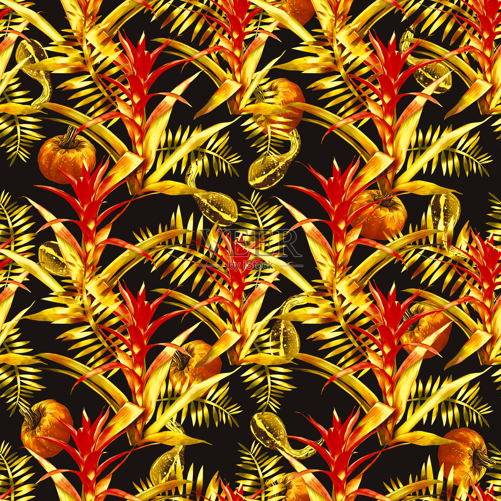 古兹曼和南瓜花无缝图案。插画图片素材