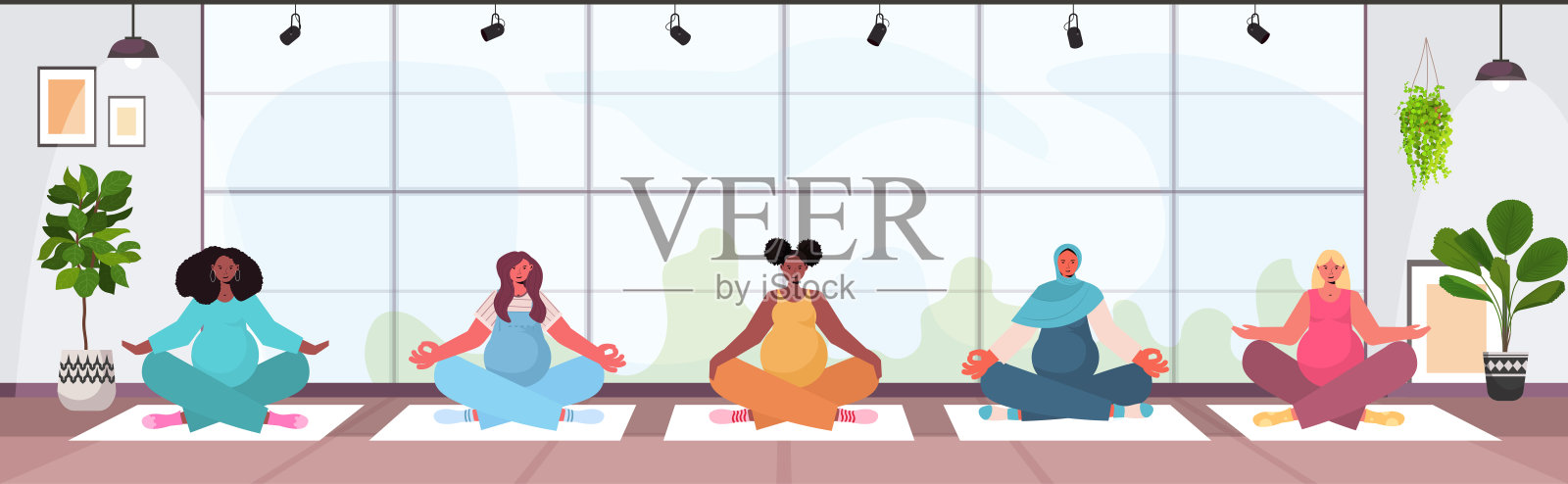 混赛孕妇做瑜伽健身练习训练健康生活理念插画图片素材