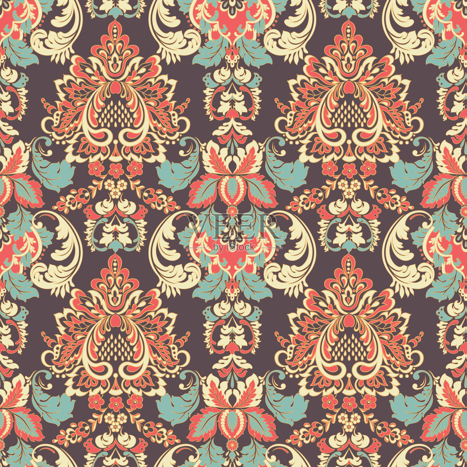 复古花无缝图案。典型的巴洛克风格的壁纸。无缝向量背景插画图片素材