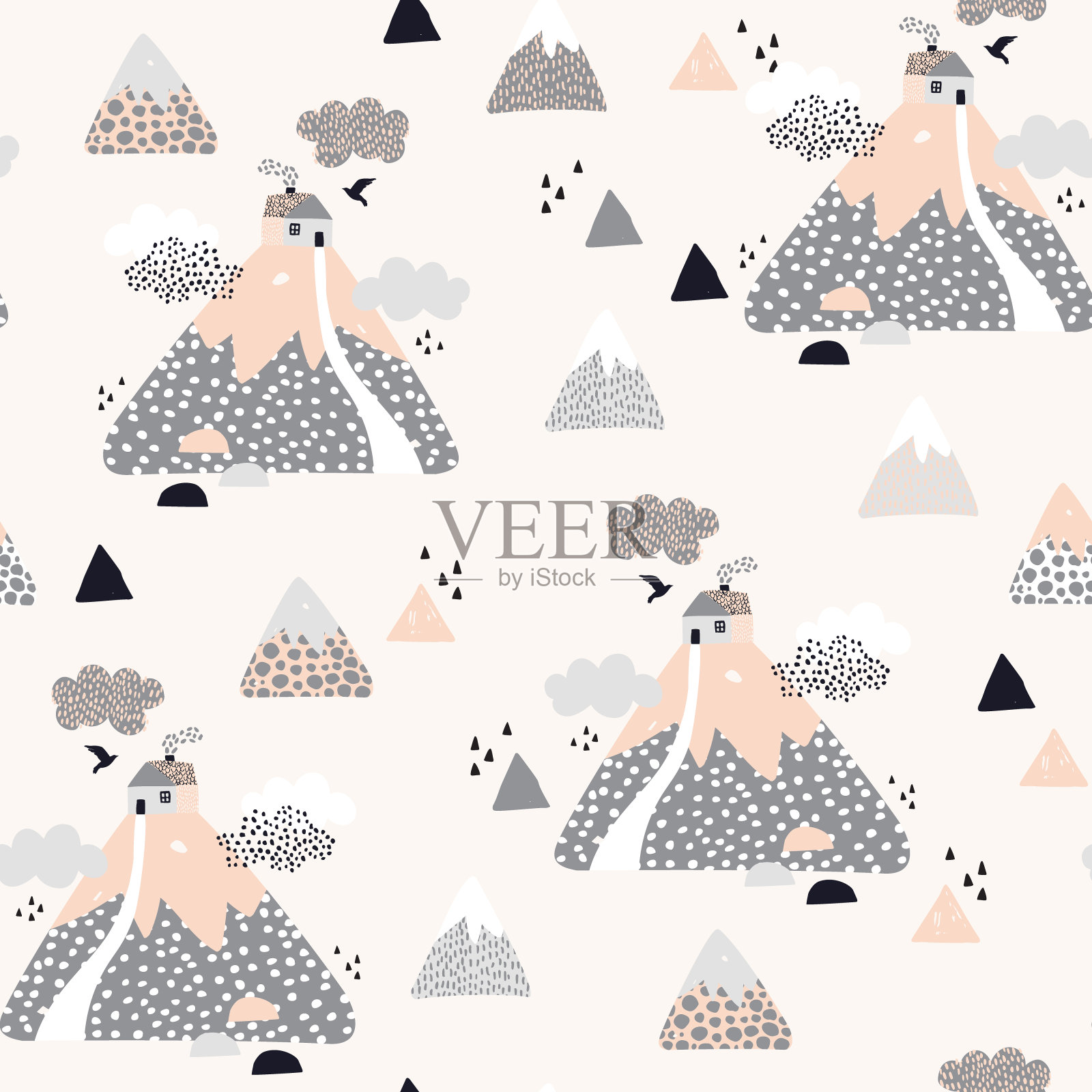 可爱的几何和涂鸦景观背景。卡通温馨家居概念插画图片素材