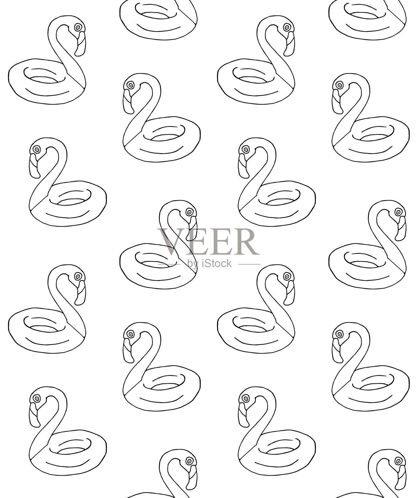 矢量无缝图案手绘涂鸦素描游水火烈鸟环浮插画图片素材