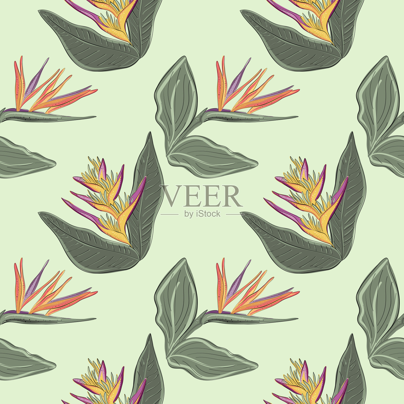 热带花和叶的无缝图案。写实风格,手绘,矢量,明亮的颜色。背景印刷,织物,壁纸,包装纸插画图片素材