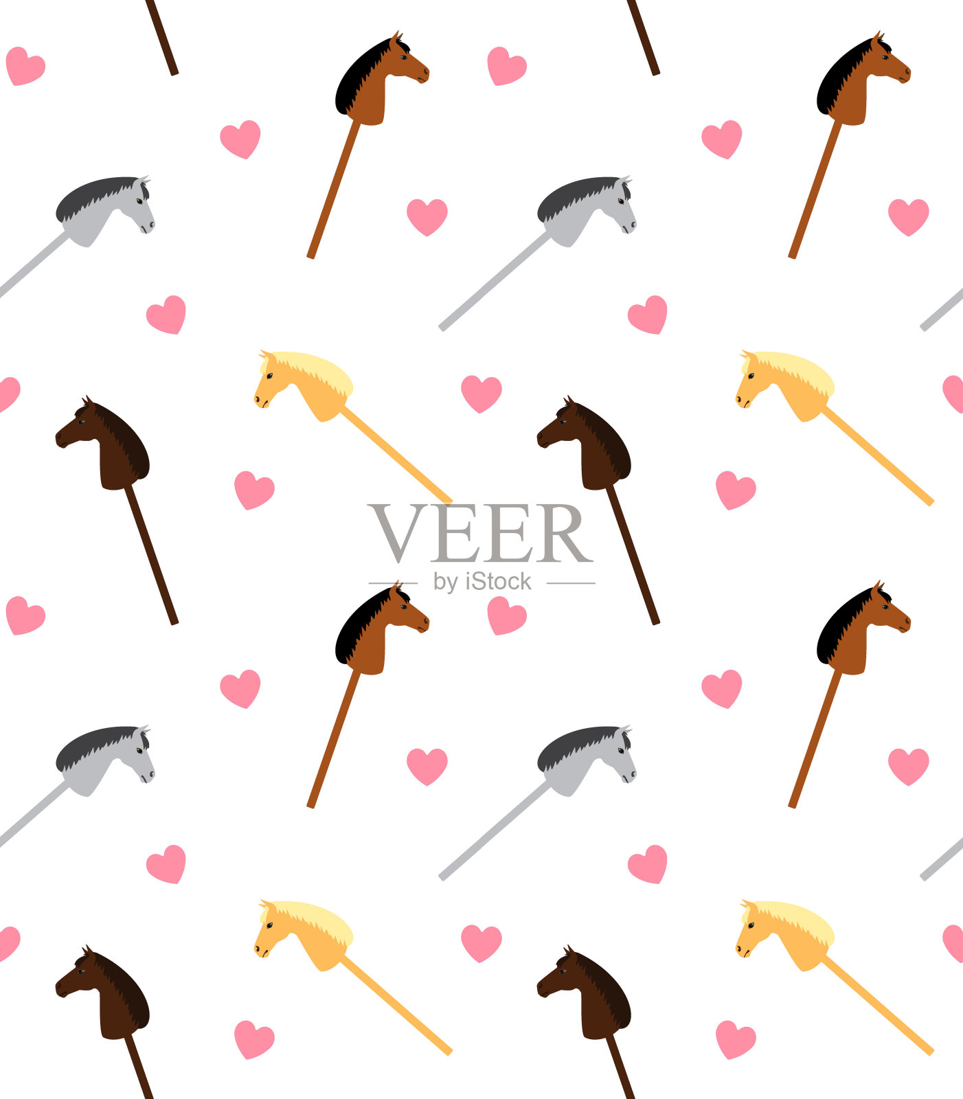 矢量无缝图案的平面卡通不同颜色的爱好马玩具和心形插画图片素材
