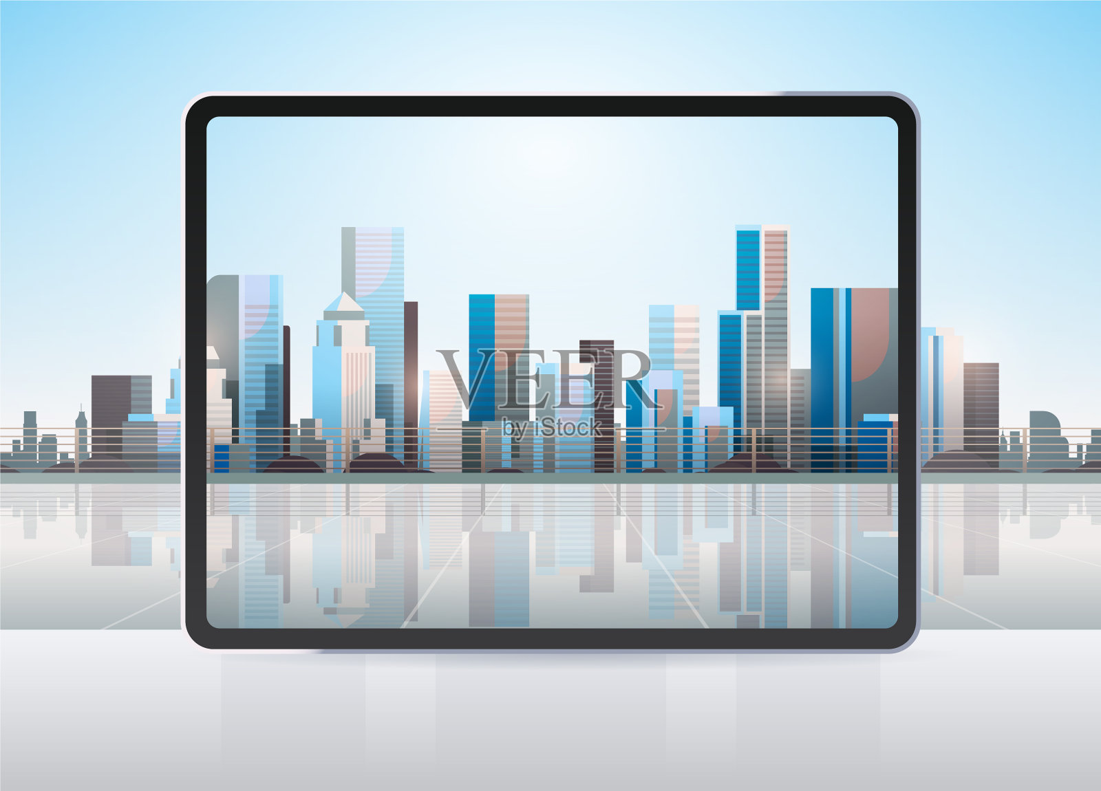 透明的平板电脑屏幕城市景观插画图片素材