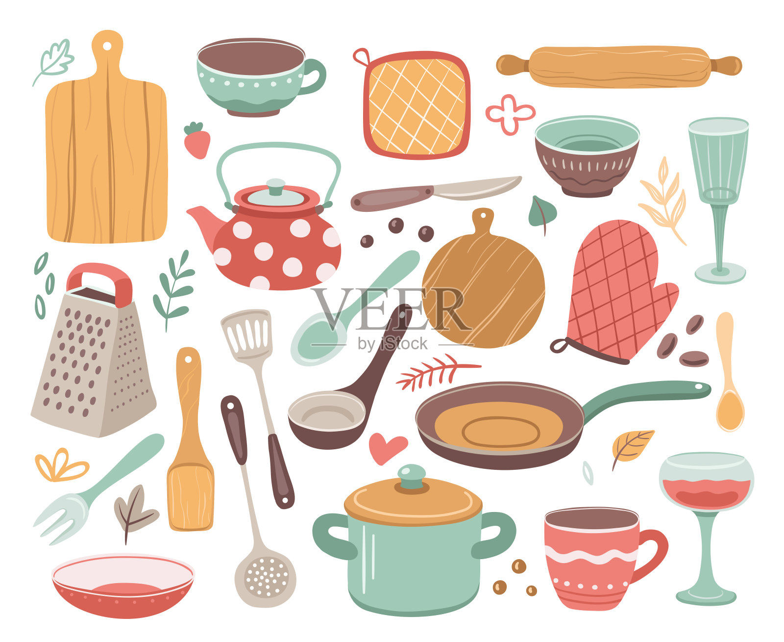厨房工具。厨房用具,烹饪和烘烤用具。陶瓷水壶,刮刀和玻璃。孤立的现代家居元素向量集插画图片素材