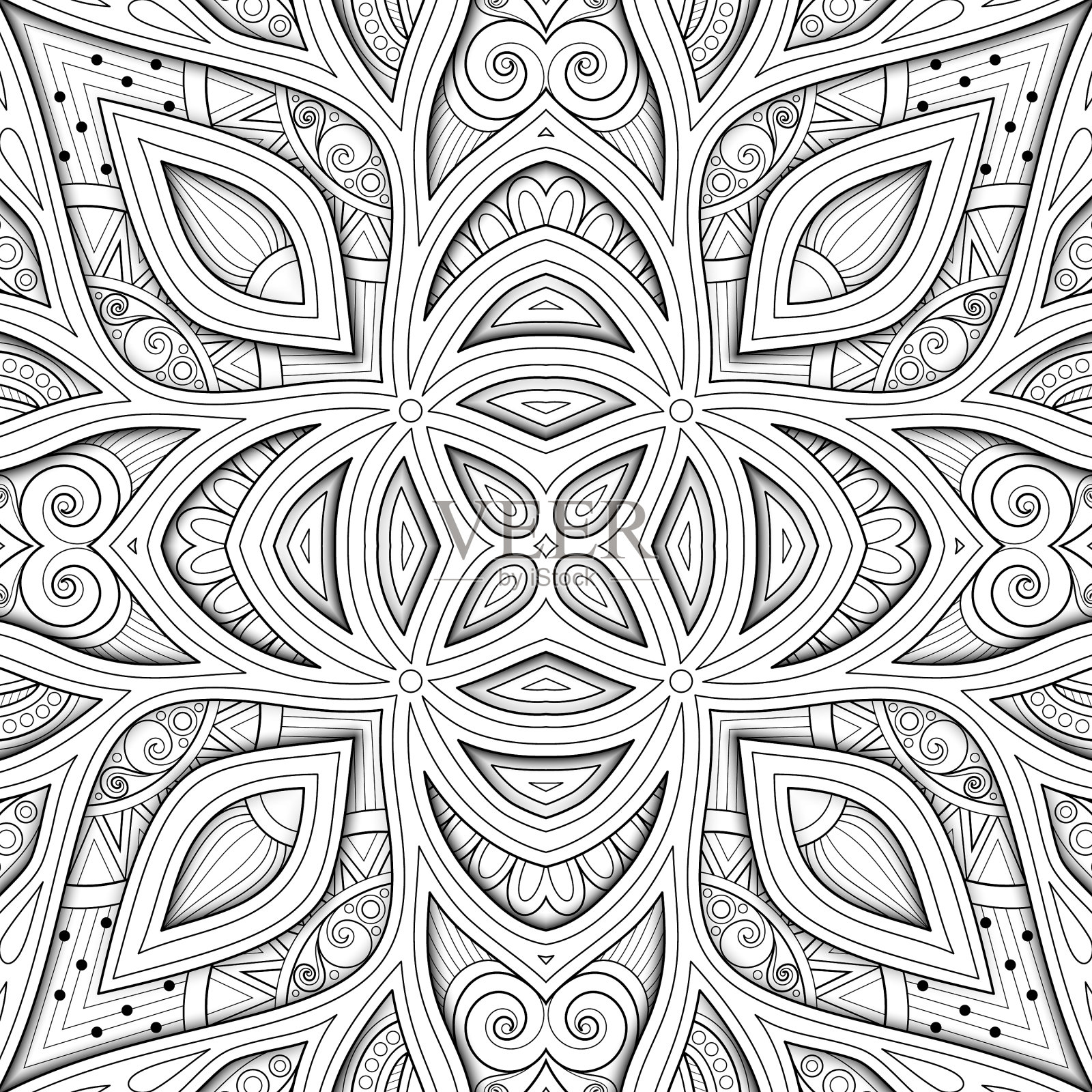 单色无缝图案与花卉民族插画图片素材