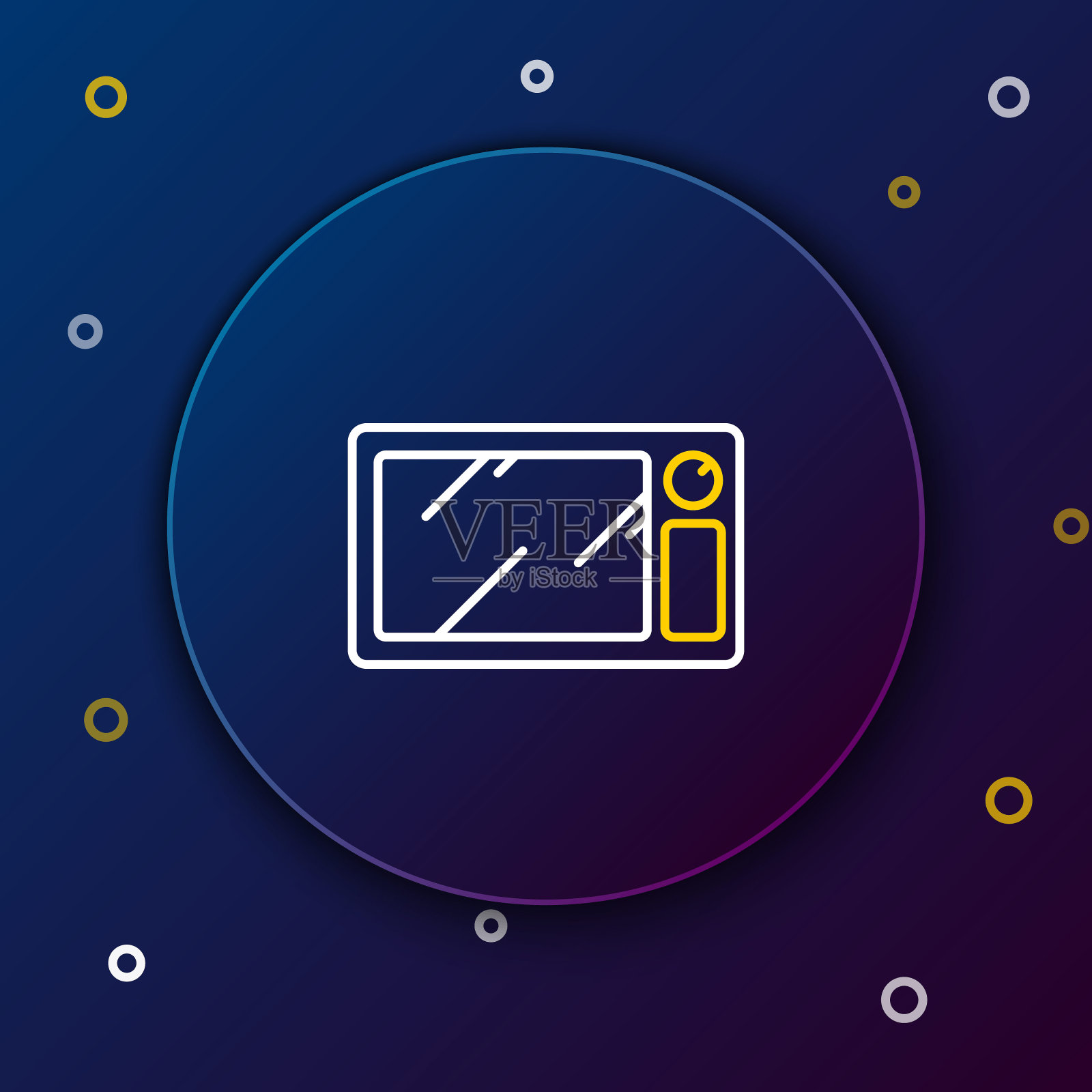 白色和黄色线微波炉图标孤立在深蓝色的背景。家用电器图标。色彩斑斓的轮廓的概念。矢量图图标素材
