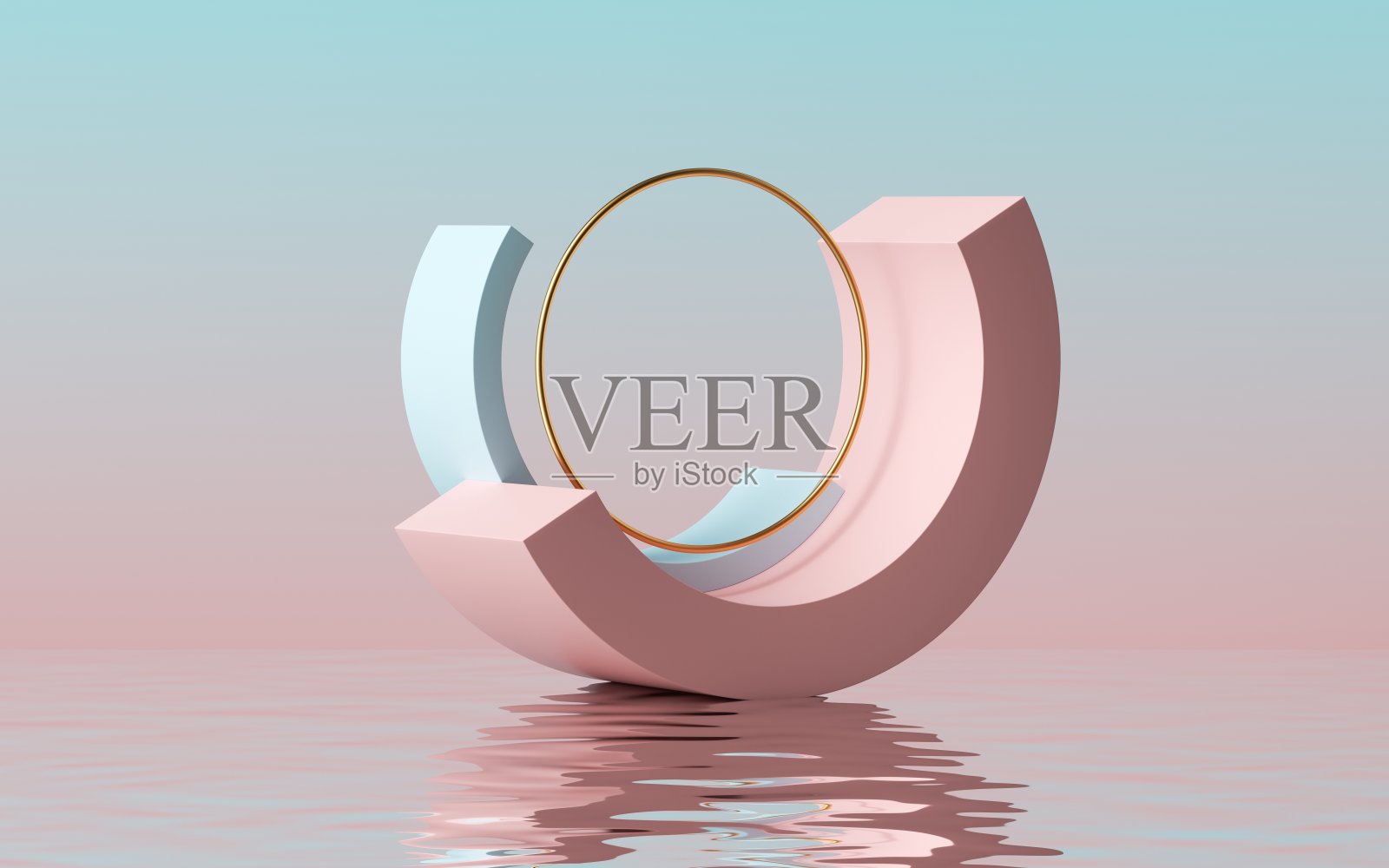 3d渲染,抽象现代的最小背景与金色金属环之间的粉红蓝色圆形弧形形状和反射在水中的湿地板照片摄影图片