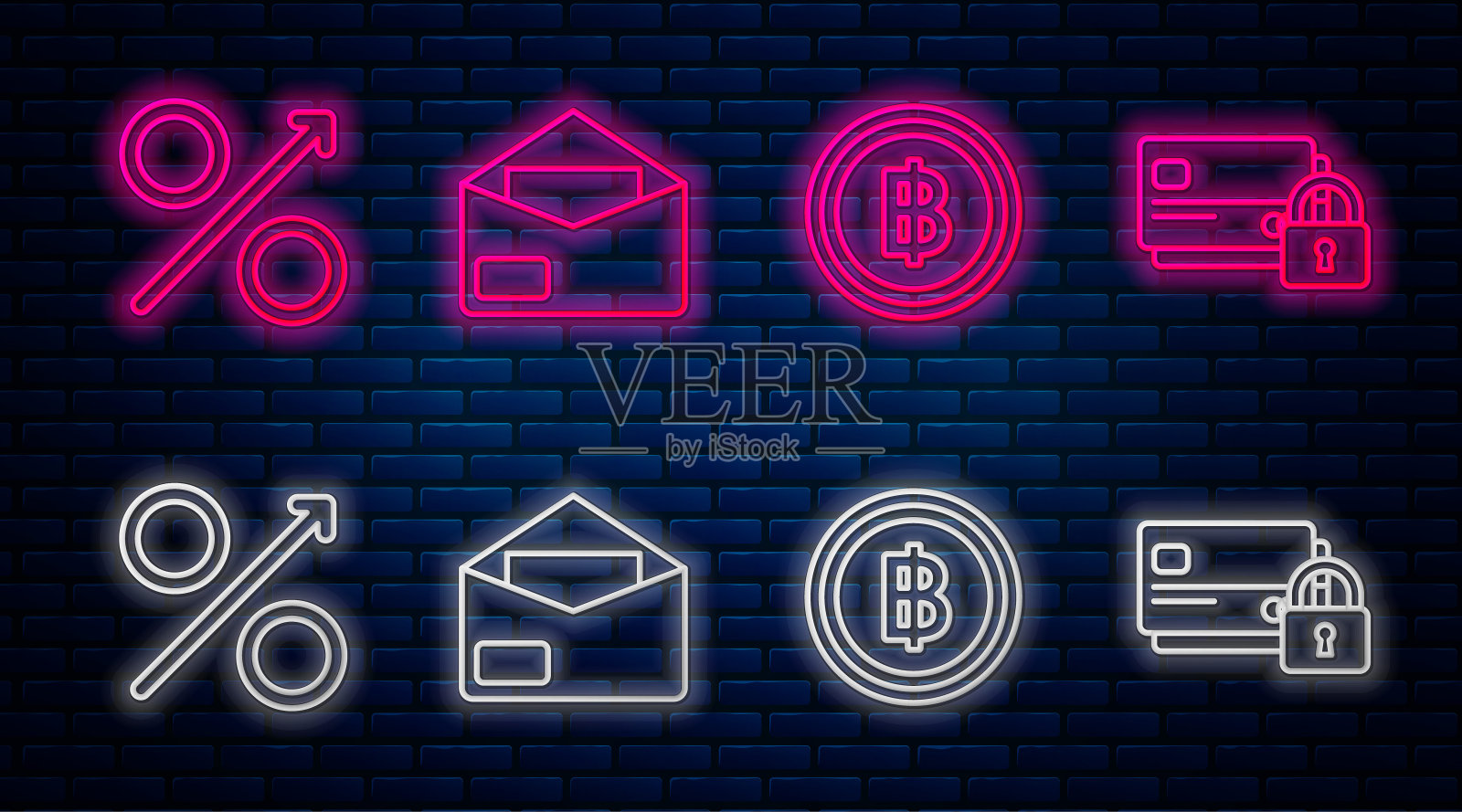 设置线信封,加密货币比特币,百分比向上箭头和信用卡与锁。砖墙上发光的霓虹灯图标。向量图标素材