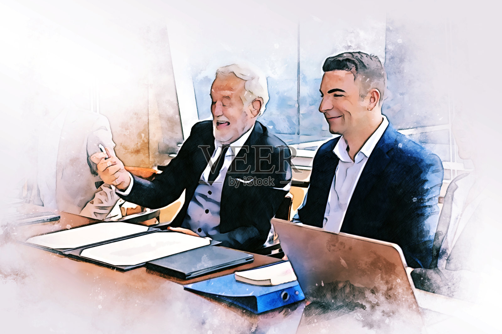 在会议室以水彩画插画为背景进行丰富多彩的商务团队讨论和会议。插画图片素材