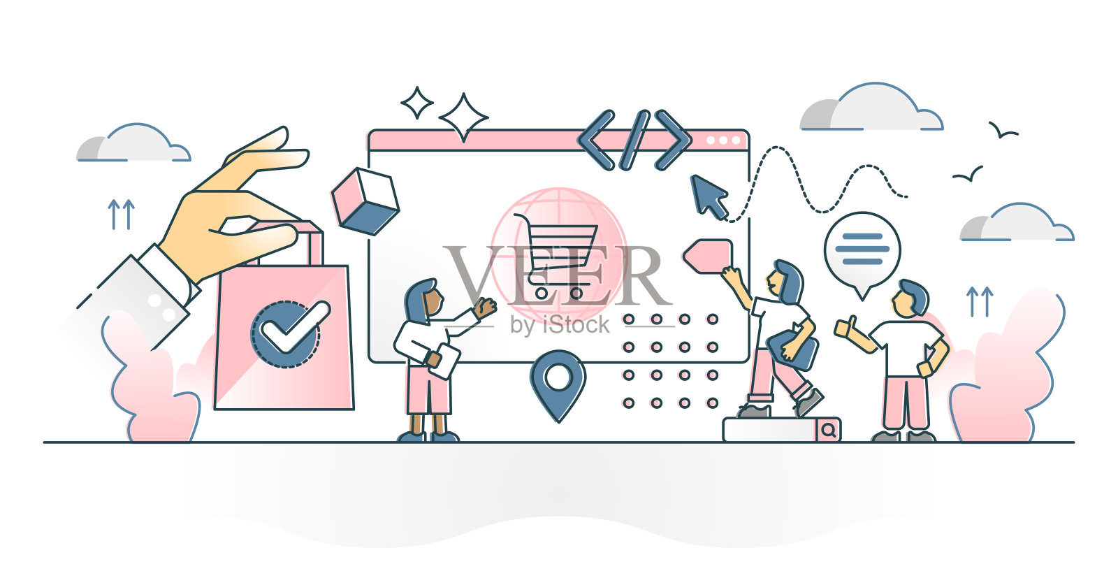 电子商务零售商店与客户在线购买产品的大纲概念插画图片素材