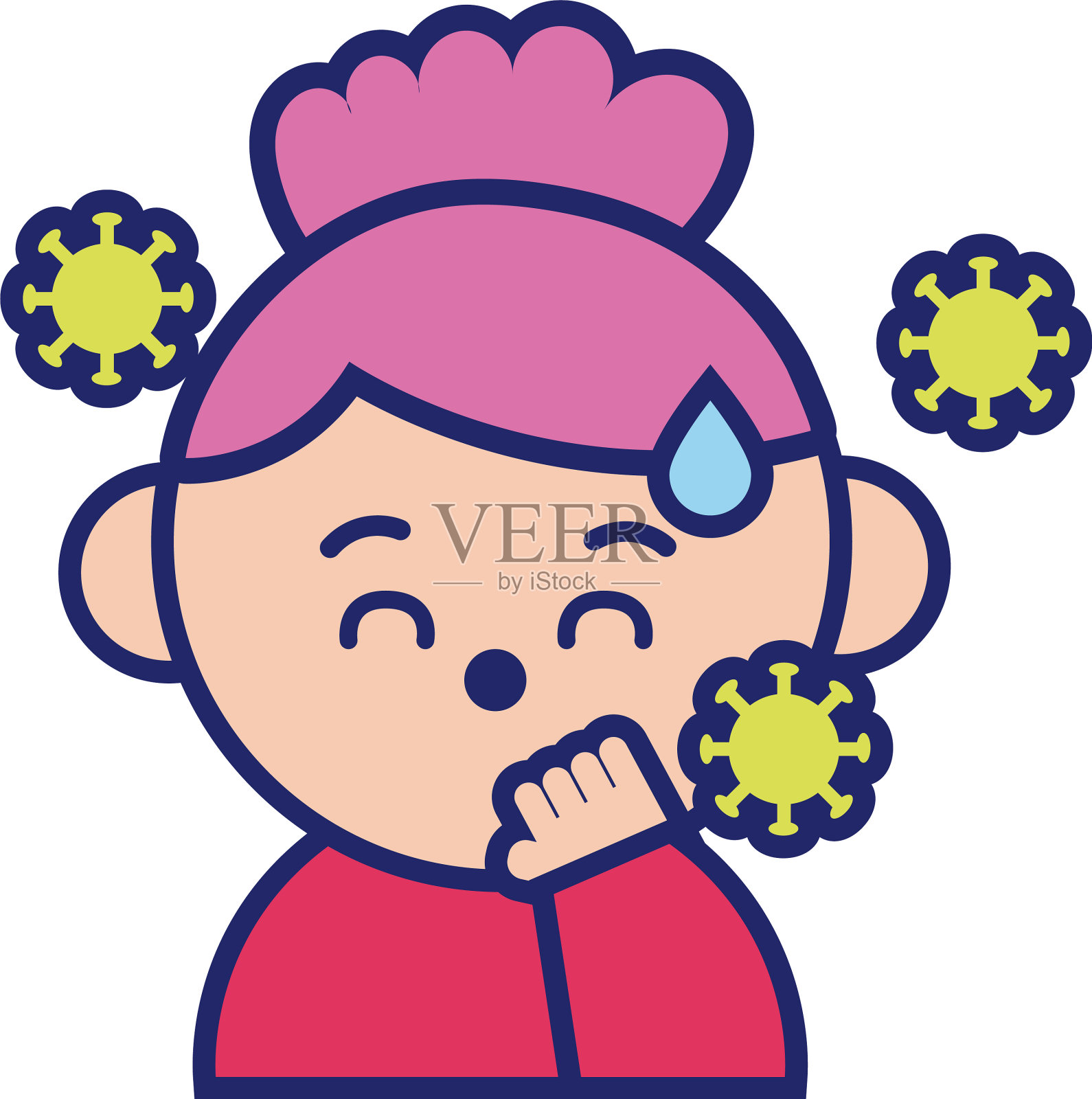 女孩与发热病的covid - 19卡哇伊线风格设计元素图片