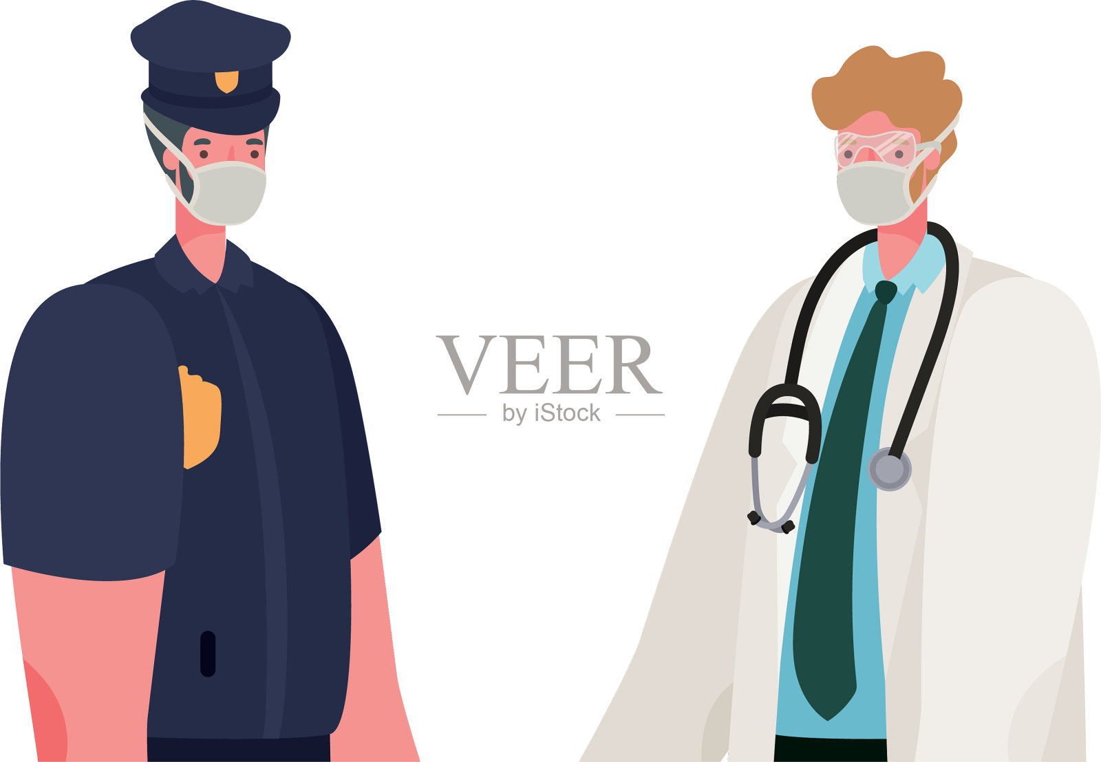 隔离的男医生和戴口罩的警察插画图片素材