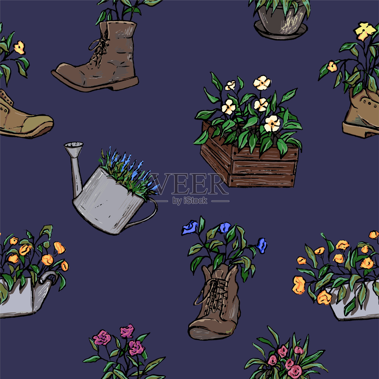 复古矢量无缝模式。奇特的花盆和木鸟屋的草图。手绘花园背景。鲜艳多彩的植物壁纸。用于纺织、纸张、印刷品、包装。插画图片素材