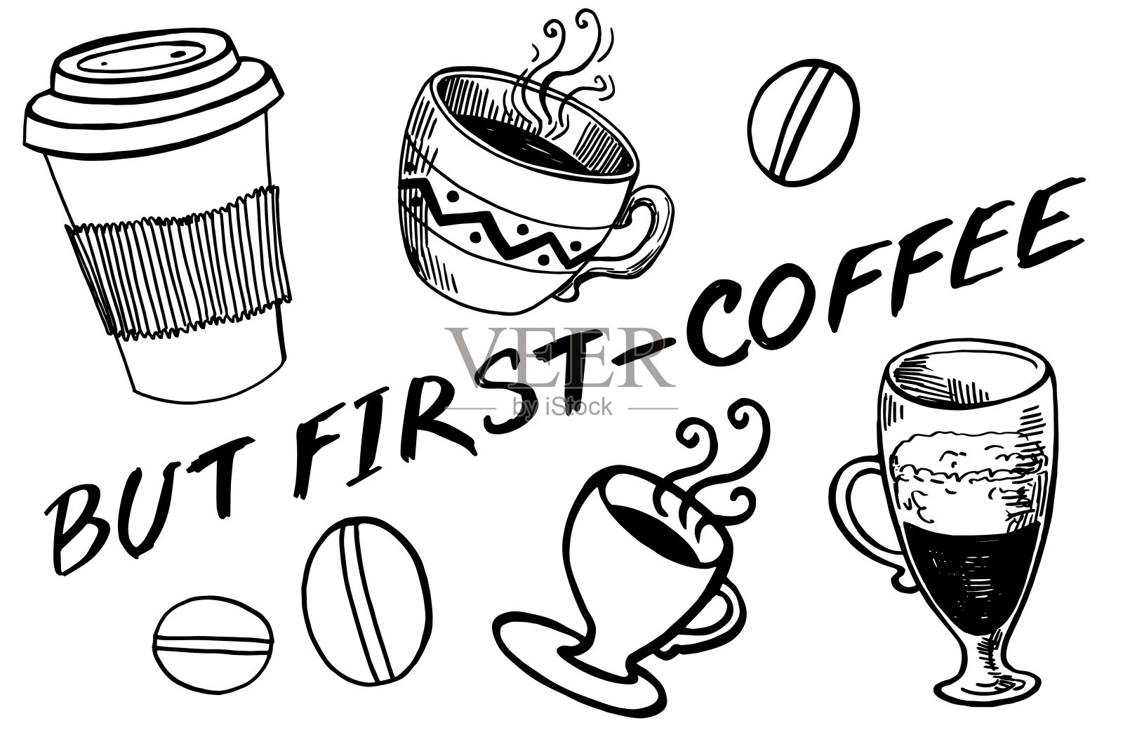 黑色和白色图形咖啡收集与字母“但首先-咖啡”。咖啡杯和咖啡豆。在白色背景上孤立的元素。数码插图。插画图片素材