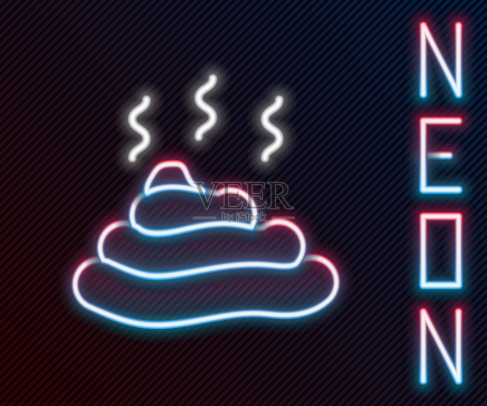 发光的霓虹线在黑色背景上孤立的大便图标。色彩斑斓的轮廓的概念。向量插画图片素材