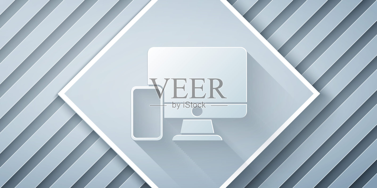 电脑显示器和手机图标孤立在灰色背景上。互联网盈利,市场营销。纸艺术风格。向量图标素材