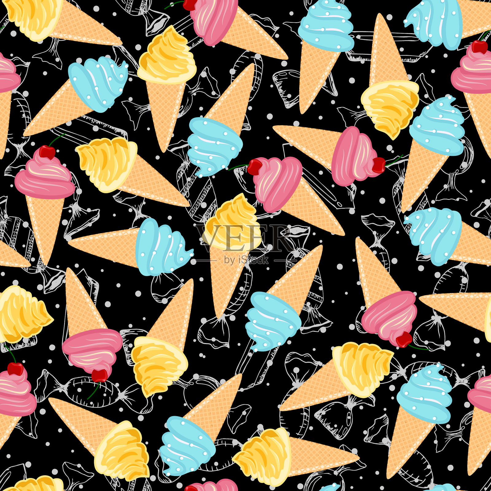 冰淇淋甜筒无缝图案背景明亮插画图片素材