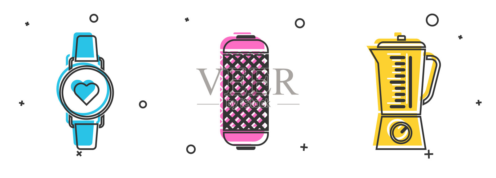 设置智能手表显示心跳率,立体声扬声器和搅拌器图标。向量插画图片素材
