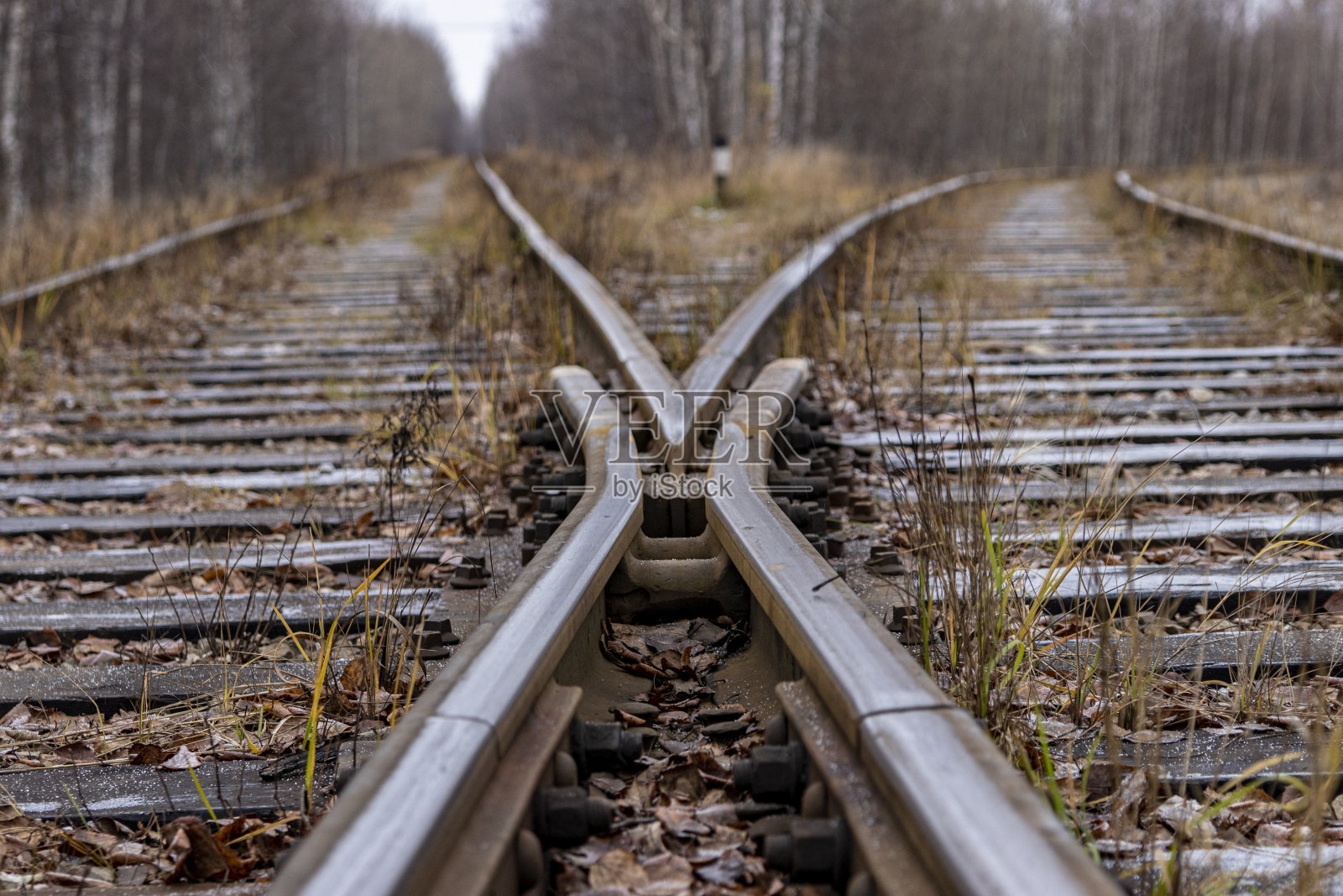 铁路。铁路十字路口。特写镜头。两个方向照片摄影图片