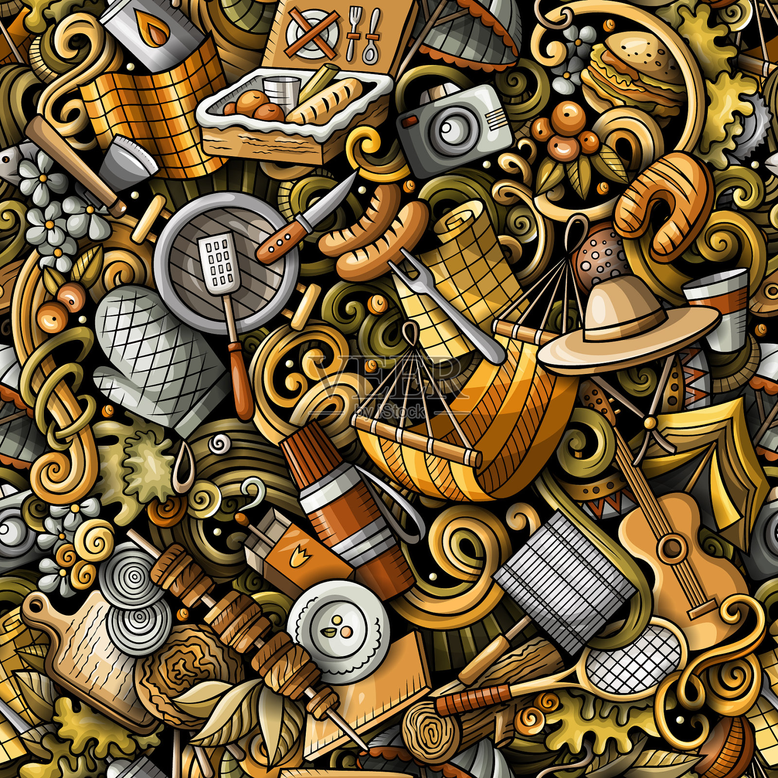 野餐手绘涂鸦无缝图案烧烤插画图片素材