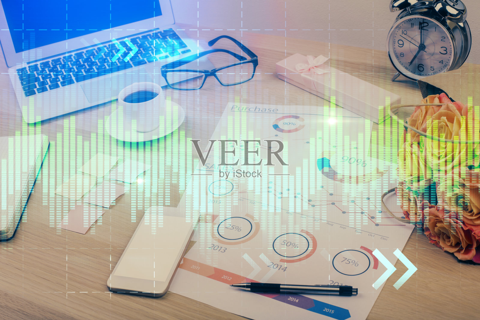 以计算机为背景进行财务图形的彩色绘制和表格。多接触。国际市场的概念。照片摄影图片