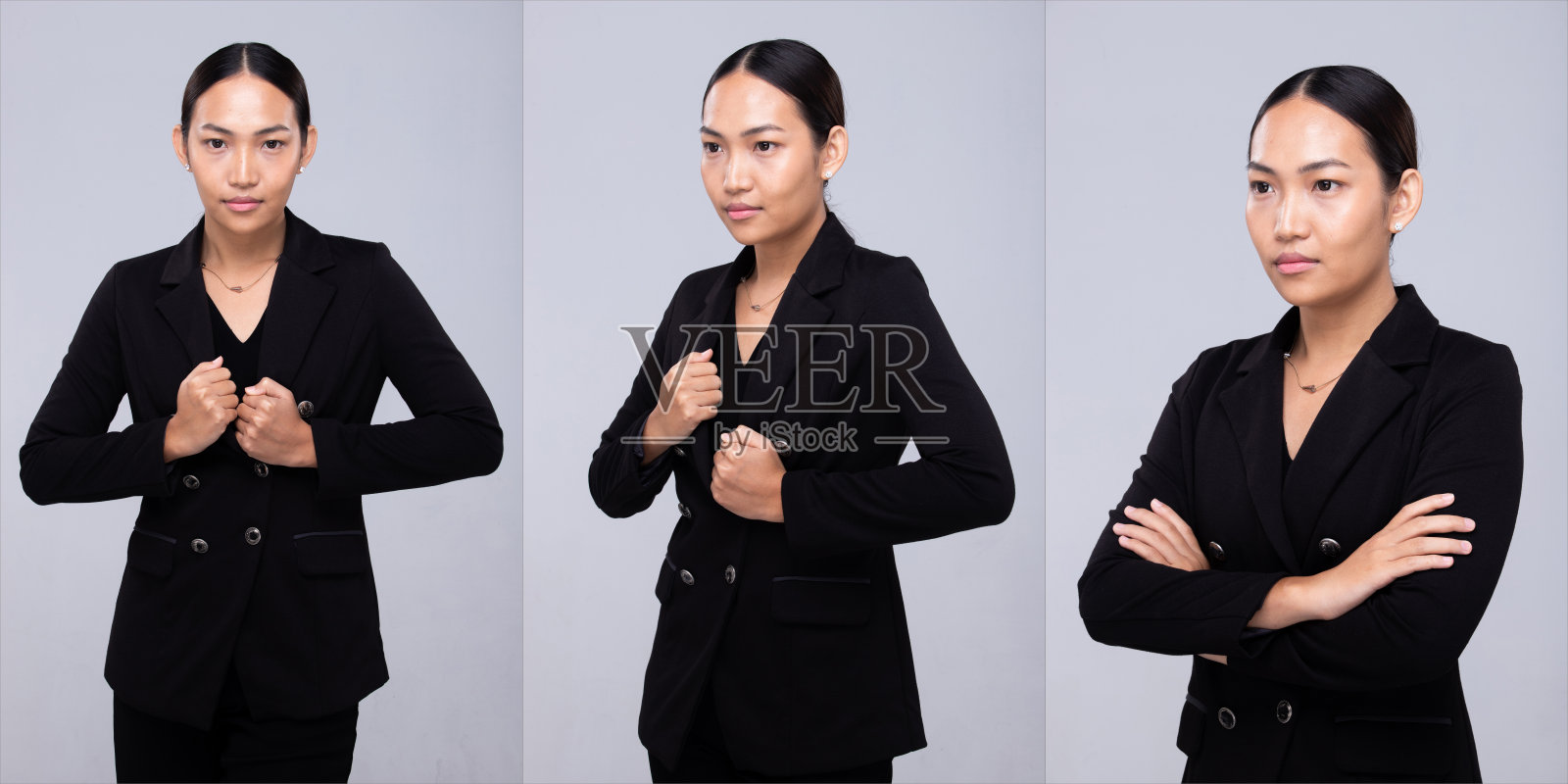 亚洲女性黑色头发西装外套。办公室女孩的姿势很多看照片摄影图片
