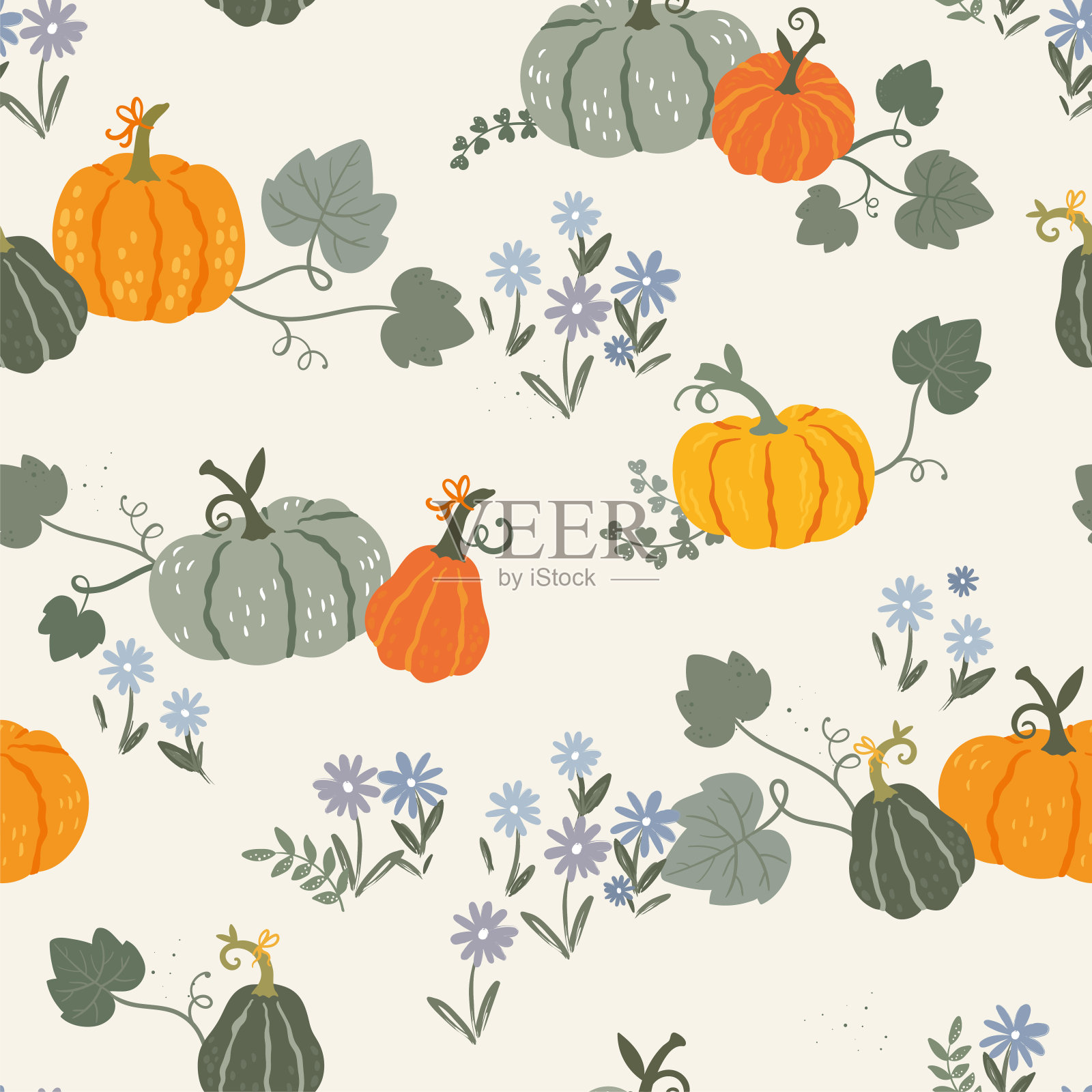 有趣的手绘南瓜无缝图案,可爱的感恩节背景-伟大的纺织品,横幅,壁纸-矢量设计插画图片素材